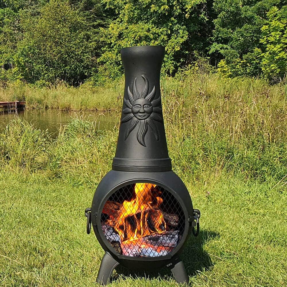 Sun Fire Outdoor Chiminea Fireplace by The Blue Rooster - Cast Aluminum Deck or Patio Firepit 44