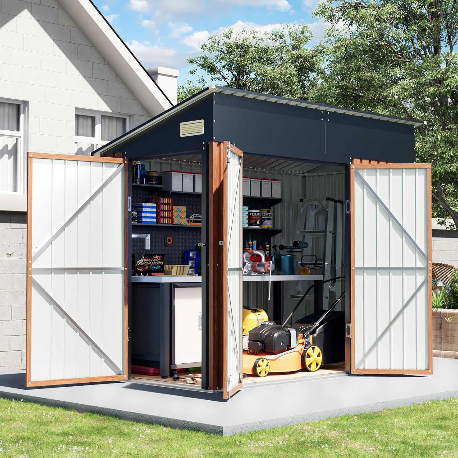 8x4 Ft Outdoor Storage Shed, Metal Garden Shed with Floor, Triple Lockable Doors & Vent, Multi-Used Shed for Backyard, Patio, Lawn and Tool & Bicycle Storage