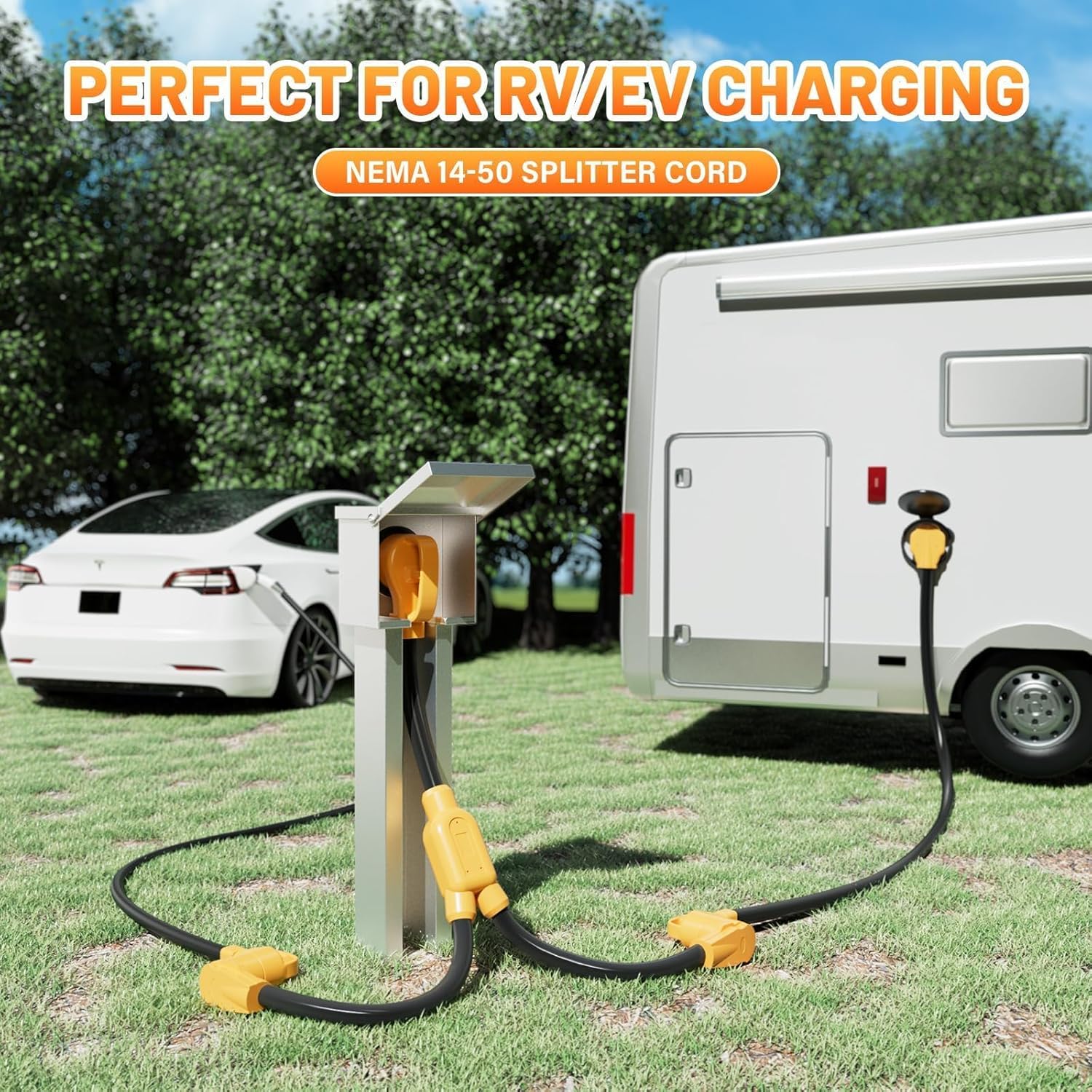 MECMO 50 Amp Y Splitter for RV/EV Charging, ETL Listed, NEMA 14-50P to 2X 14-50R Adapter, 4 Prong 250-Volt Generator Adapter, Auto/RV/EV/Tesla Model 3/S/X/Y, 6/3 8/1 STW AWG, 3 Feet