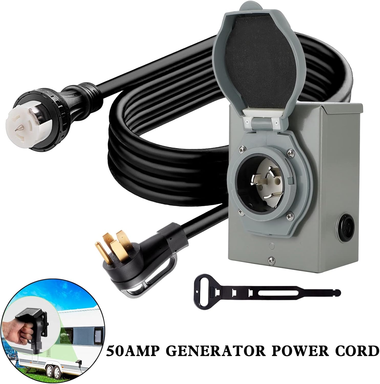 Artudatech 50Amp Generator Cord 25FT+Power Inlet Box Waterproof Combo Kit RV Extension Cord