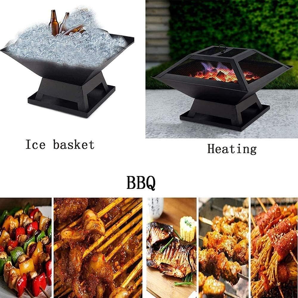 Fire Pits Outdoor Wood Burning Outdoor BBQ Grill Brazier Square Shape Firepit Wood Burning Portable Camping BBQ Grill Fire Bowl with Cover BBQ Cooking for Outside Camping Backyar