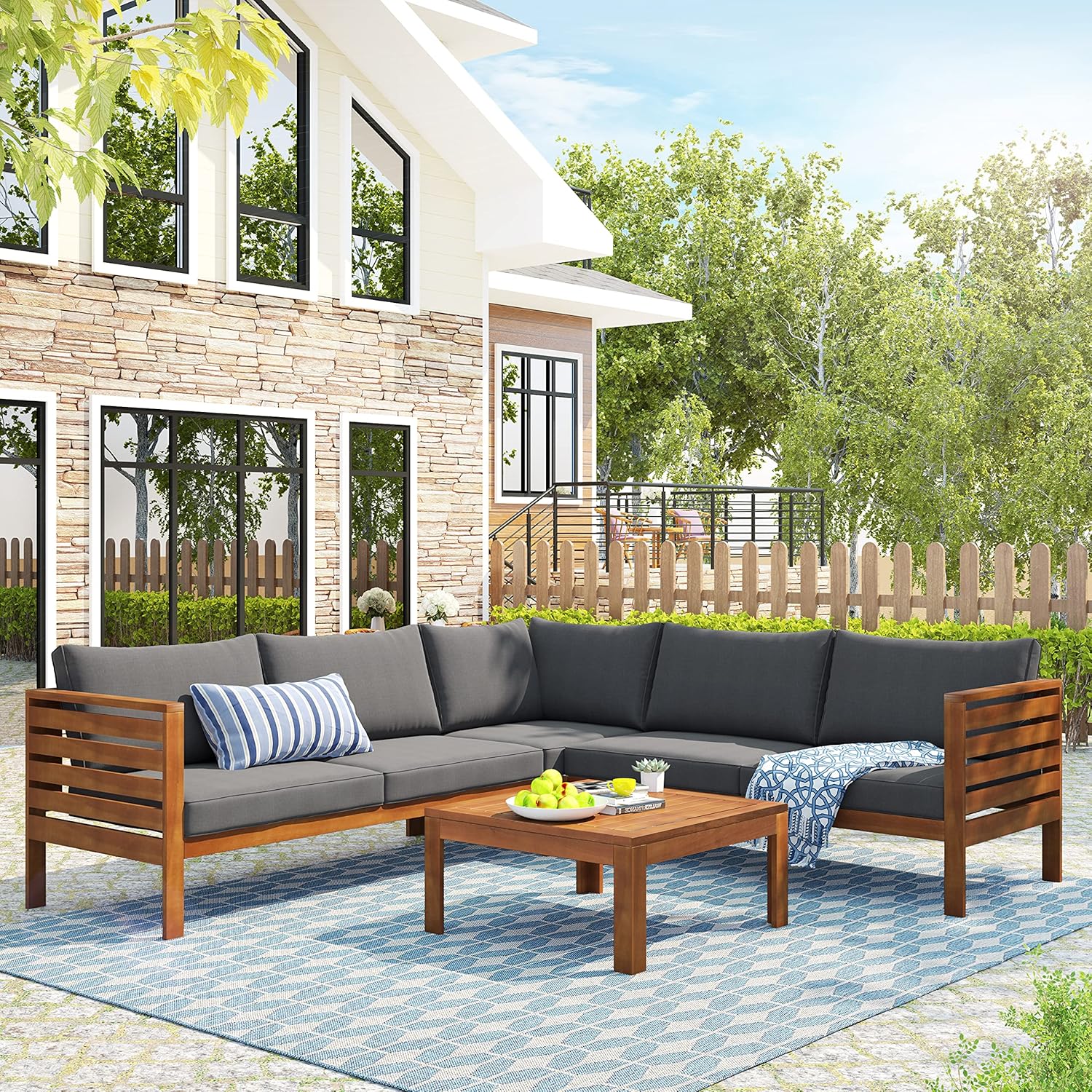 Outdoor Patio Natural Furniture Set L-Shaped Sofa Set, 4-Piece Acacia Wood Sectional Conversation Set with Loveseat and Table, Free Combination Slatted Design Sofa Group with Cushion (Gray)