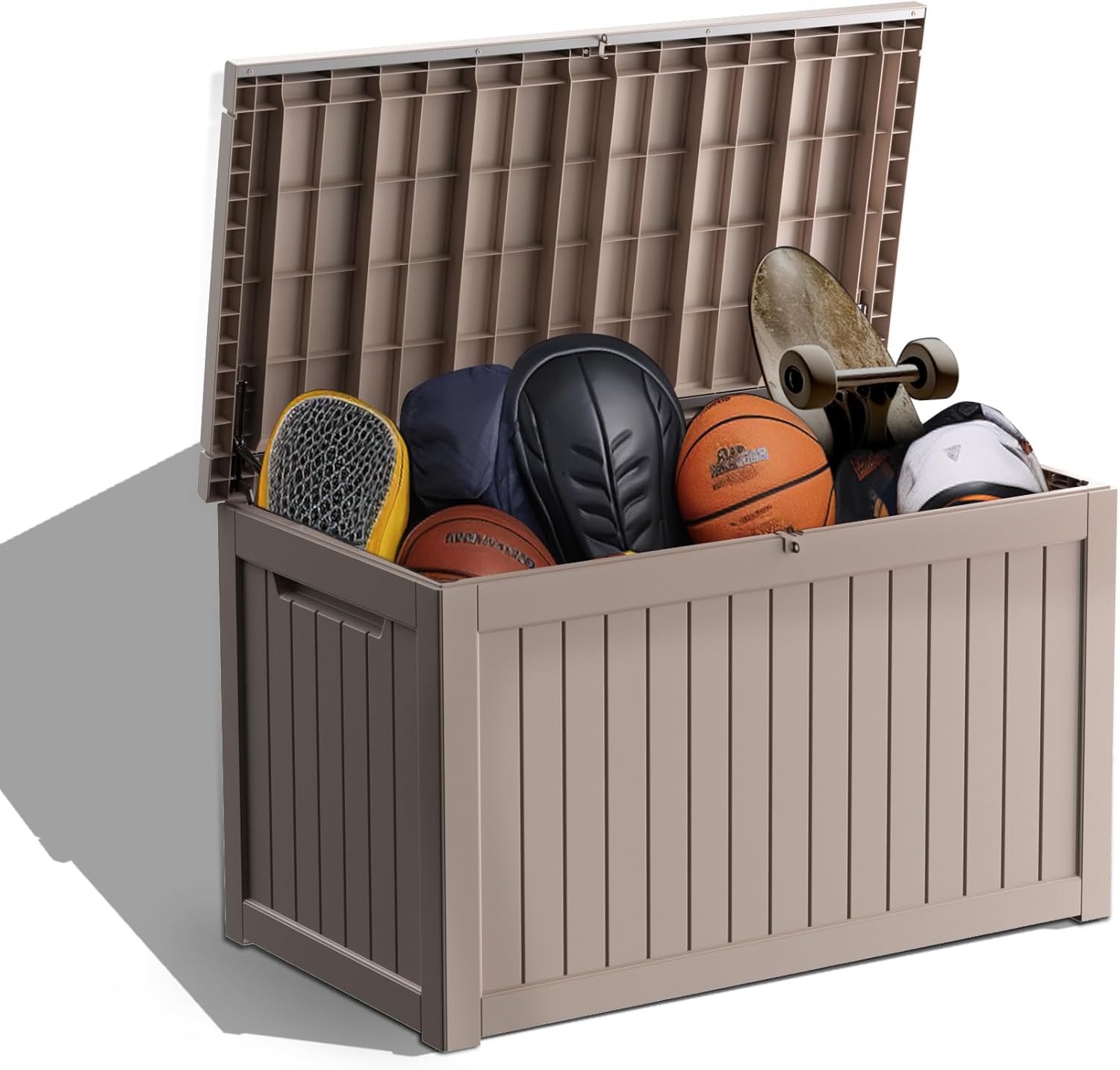 deck box,XXL 230 gallon Resin Large outdoor storage box waterproof and sunproof Loackable Suitable for patio furniture and outdoor garden tool storage (lightbrown)