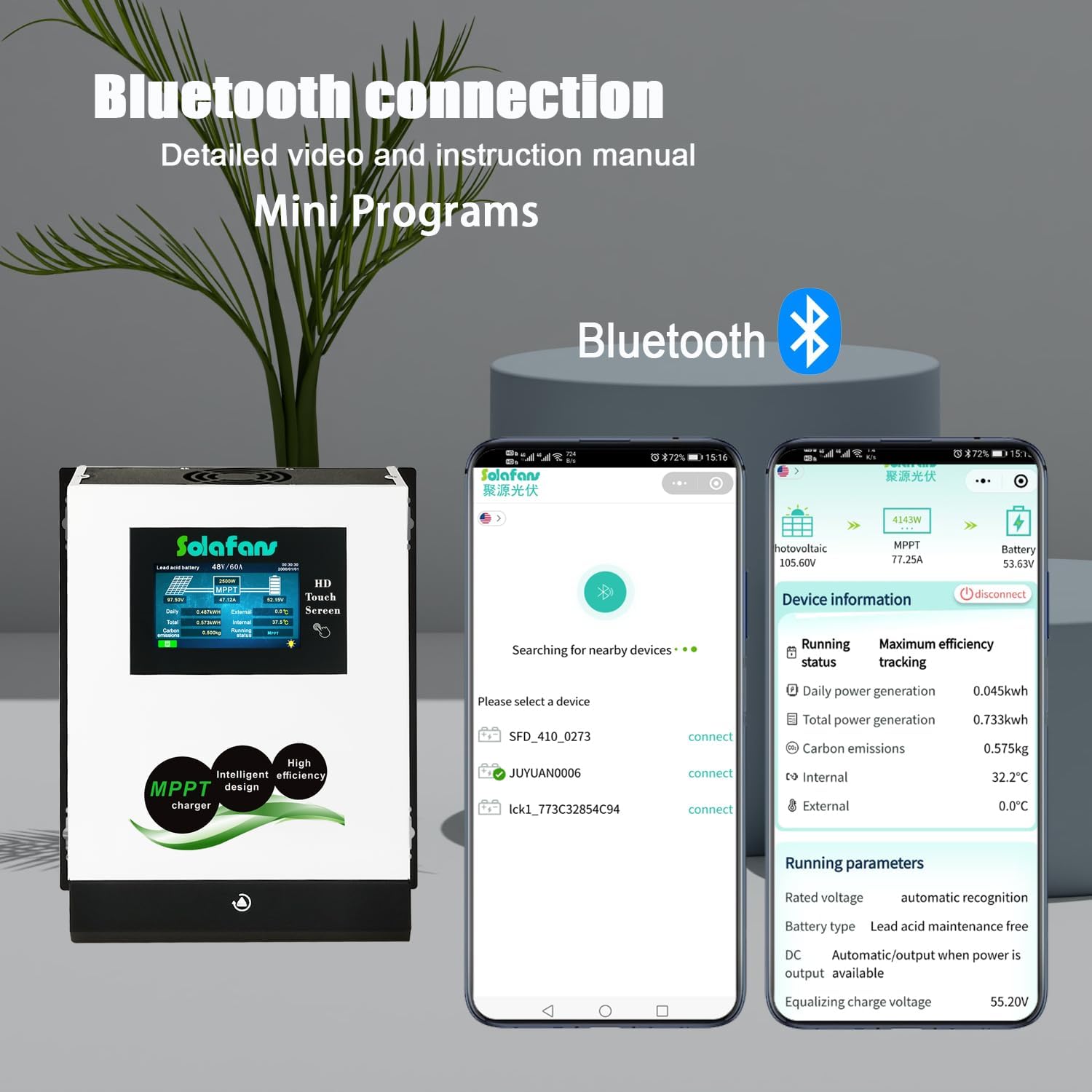 96V 60A Modbus MPPT Controller 6600W Solar Panels Input HD Touch Screen 48V/60V/72V/84V/96V PV180V Battery Reactivation Multi-Language with Bluetooth