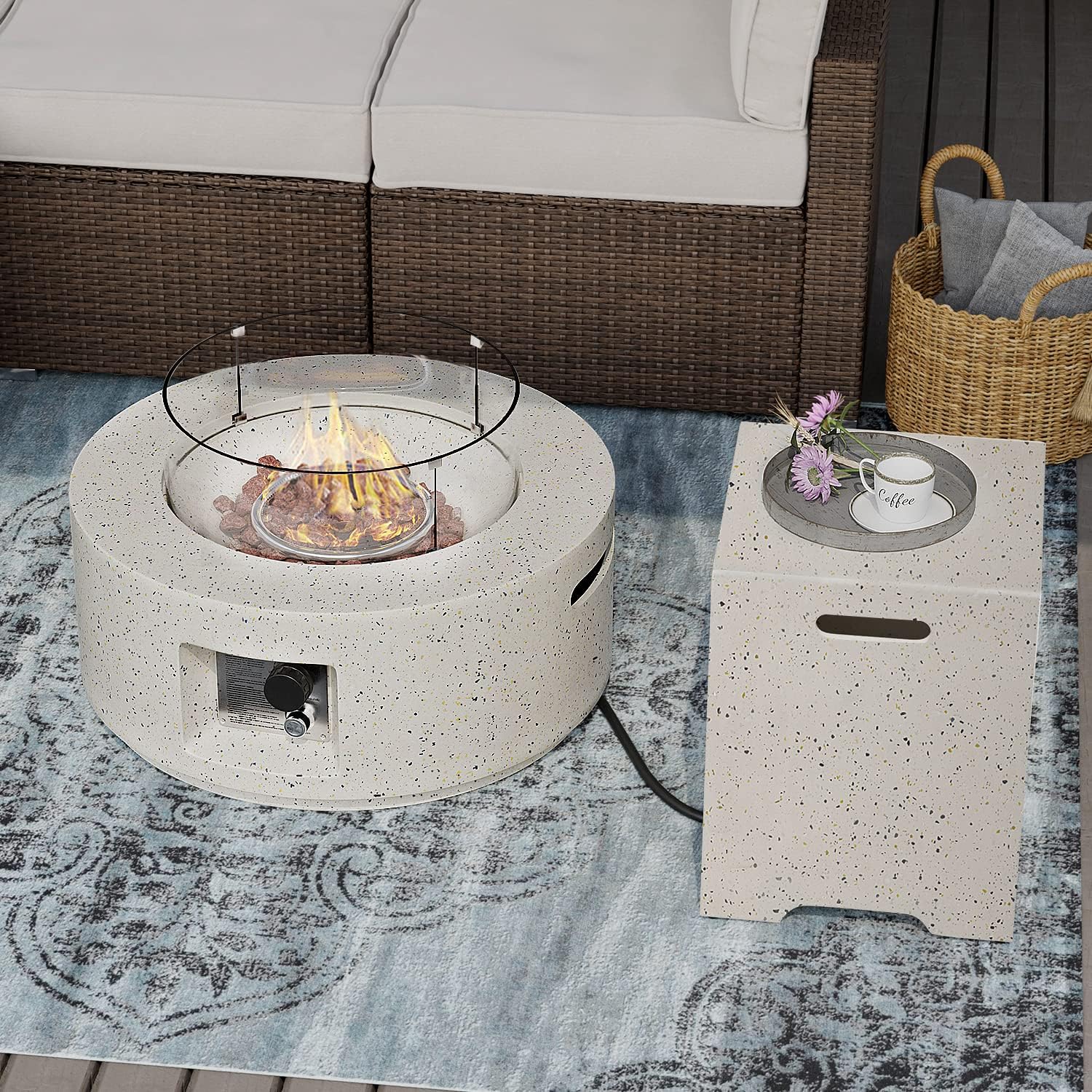 SUNBURY Outdoor 28 Inch Propane Fire Pit Table, Round Fire Table w Tank Table, 40,000 BTU Spotted White Patio Gas Fire Table w Tempered Glass Wind Guard, Waterproof Cover