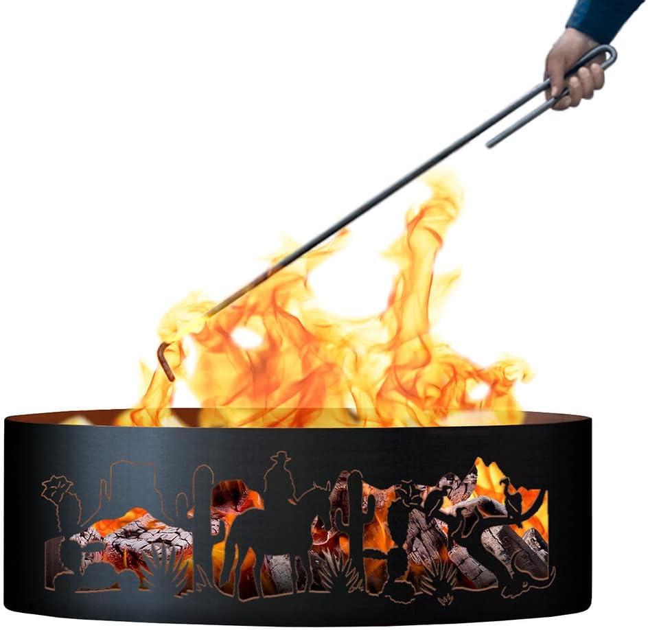 PD Metals SW001630-FP Southwest Unpainted 12 in. Tall 30 in. Diameter Outdoor Fire Ring with Fire Poker - 30 x 30 x 12 in. - Rustic Black Color