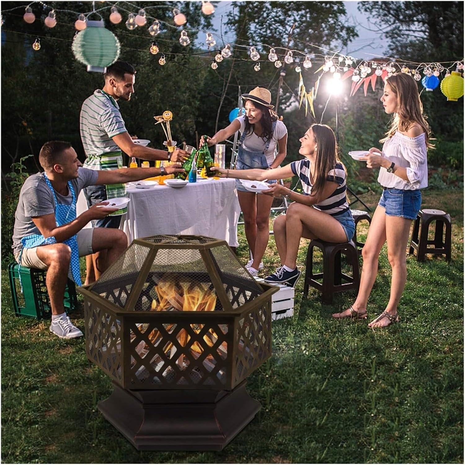 22 Inch Hexagon Steel Fire Pit for Outdoor Wood Burning Portable Fire Bowl with Spark Screen and Poker Deep Bowl Design for Backyard Patio Camping and Garden