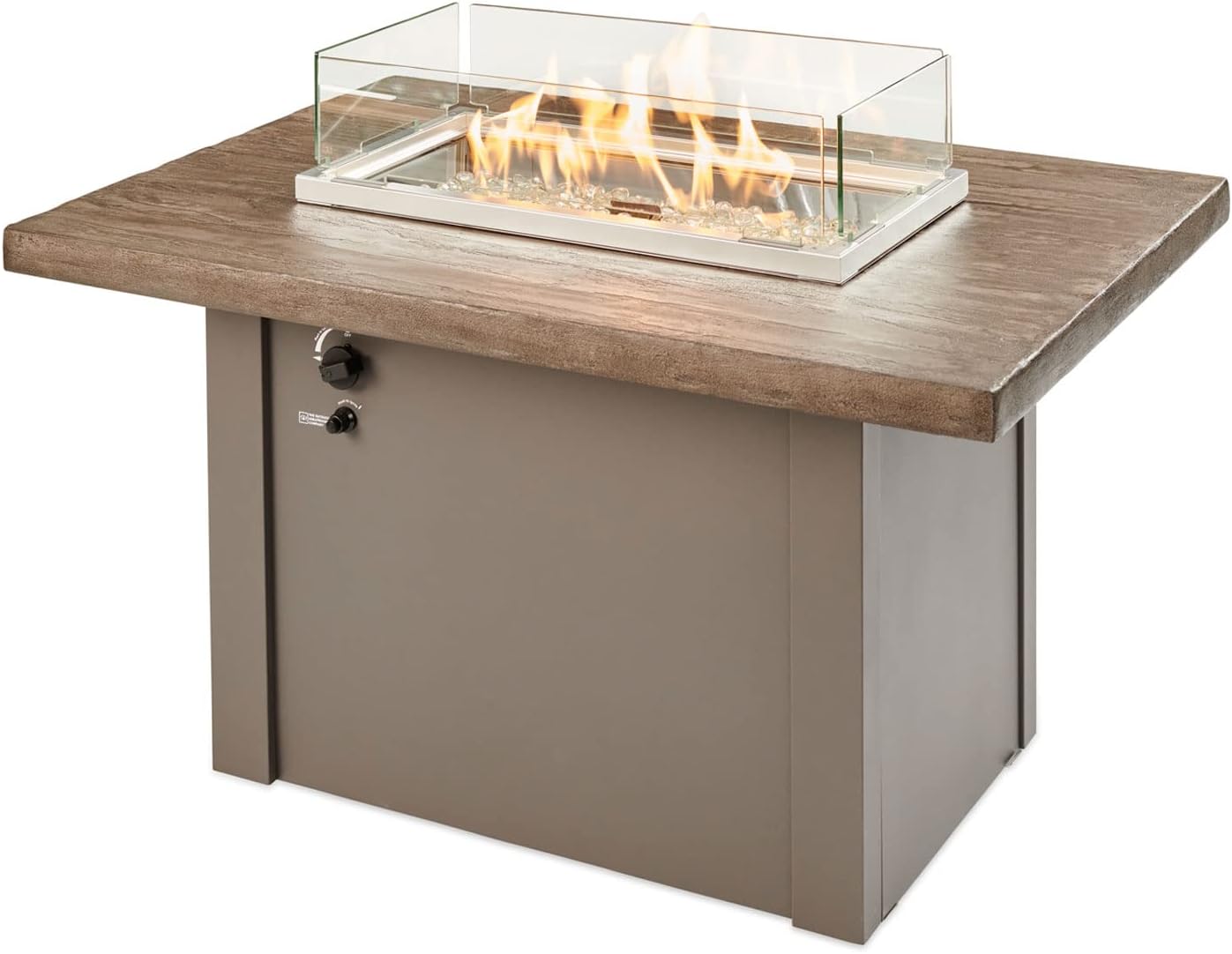 Outdoor GreatRoom Co Propane Fire Pit Table - Havenwood Gas Fire Pits for Outside Patio - 44 Inch Rectangular Driftwood Concrete Firepit Fire Table, Glass Tabletop Cover, Grey Metal Base, 55,000 BTU
