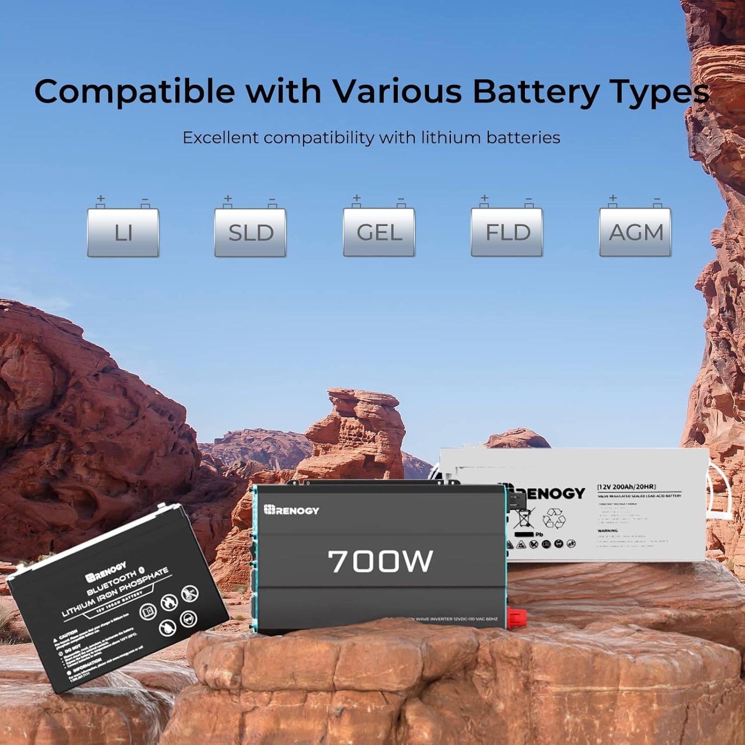 Renogy 700W Pure Sine Wave Inverter 12V DC to 120V AC Converter for Home, RV, Truck & 2PCS Solar Panels 100 Watt 12 Volt, High-Efficiency Monocrystalline PV Module Power Charger