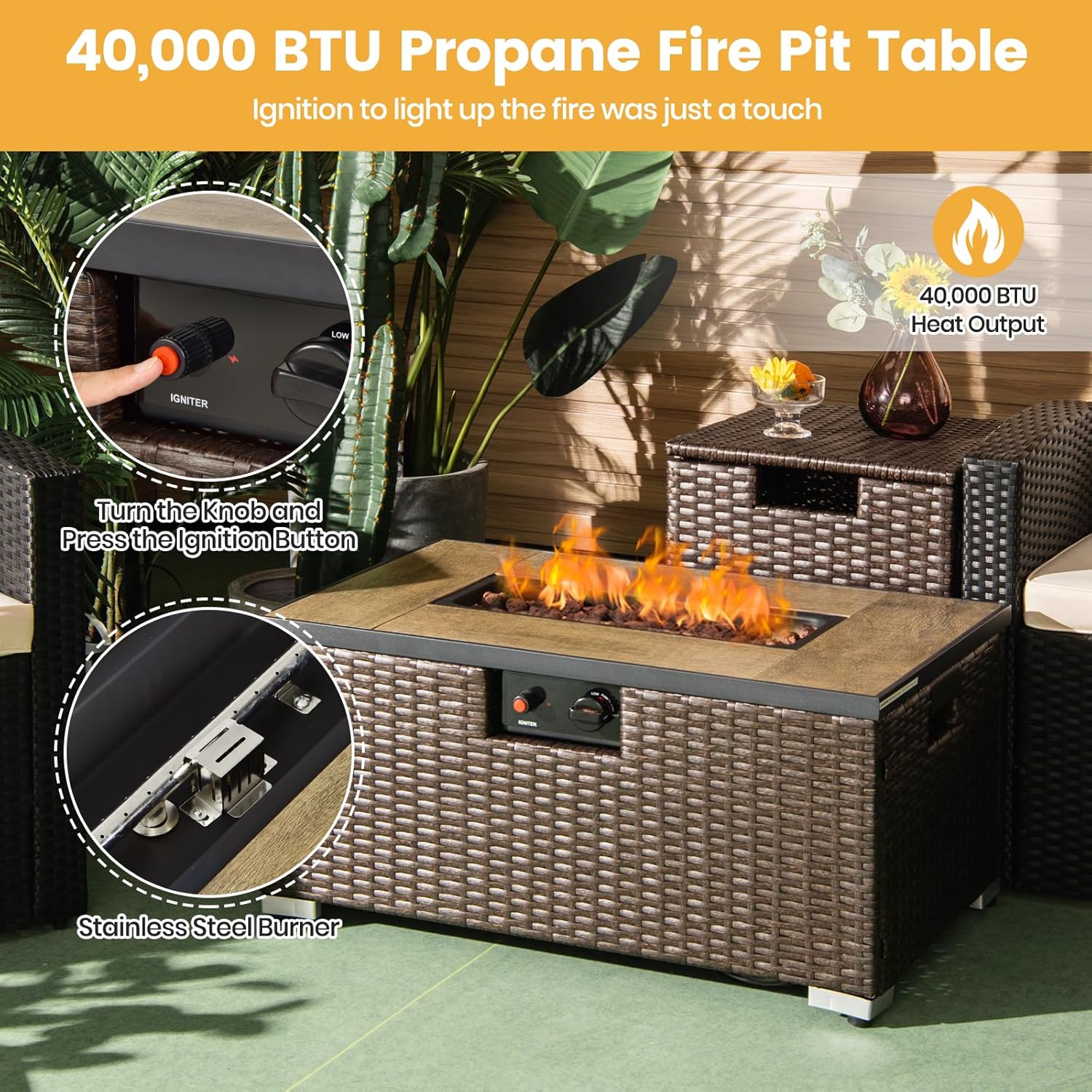 TANGZON Outdoor Fire Pit Table and Propane Tank Hideaway Table, 40,000 BTU Rattan Fire Pits with Lava Rocks, Side Handles & Waterproof Cover, Gas Tank Holder (2PCS Fire Pit & Hideaway Table Set)
