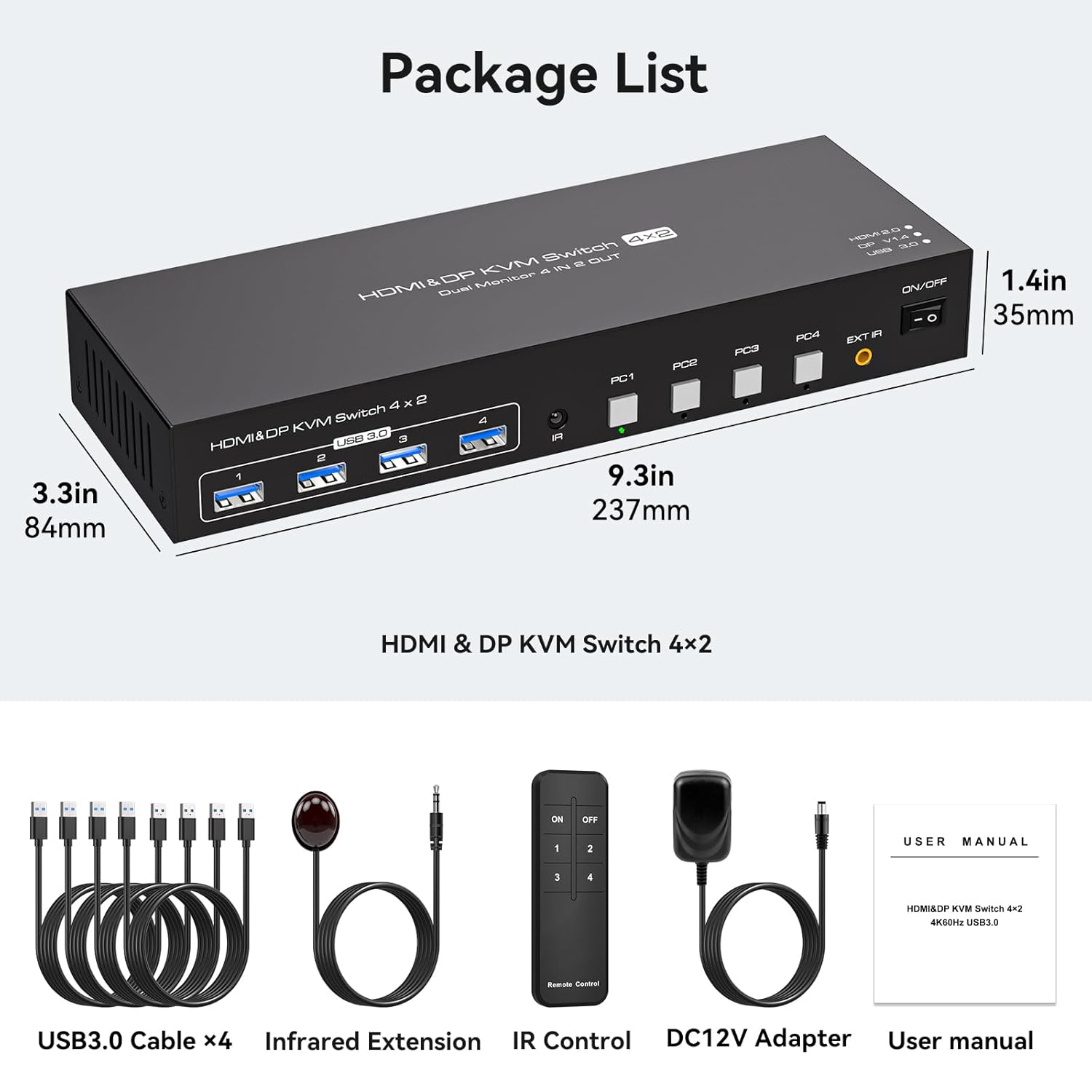 HDMI Displayport KVM Switch 4 Computers 2 Monitors 4K 60Hz 2K 120Hz 4 Port Dual Monitor KVM Switches for 4PC Share Four USB Device Support Copy and Extend Mode Includes Some Accessories