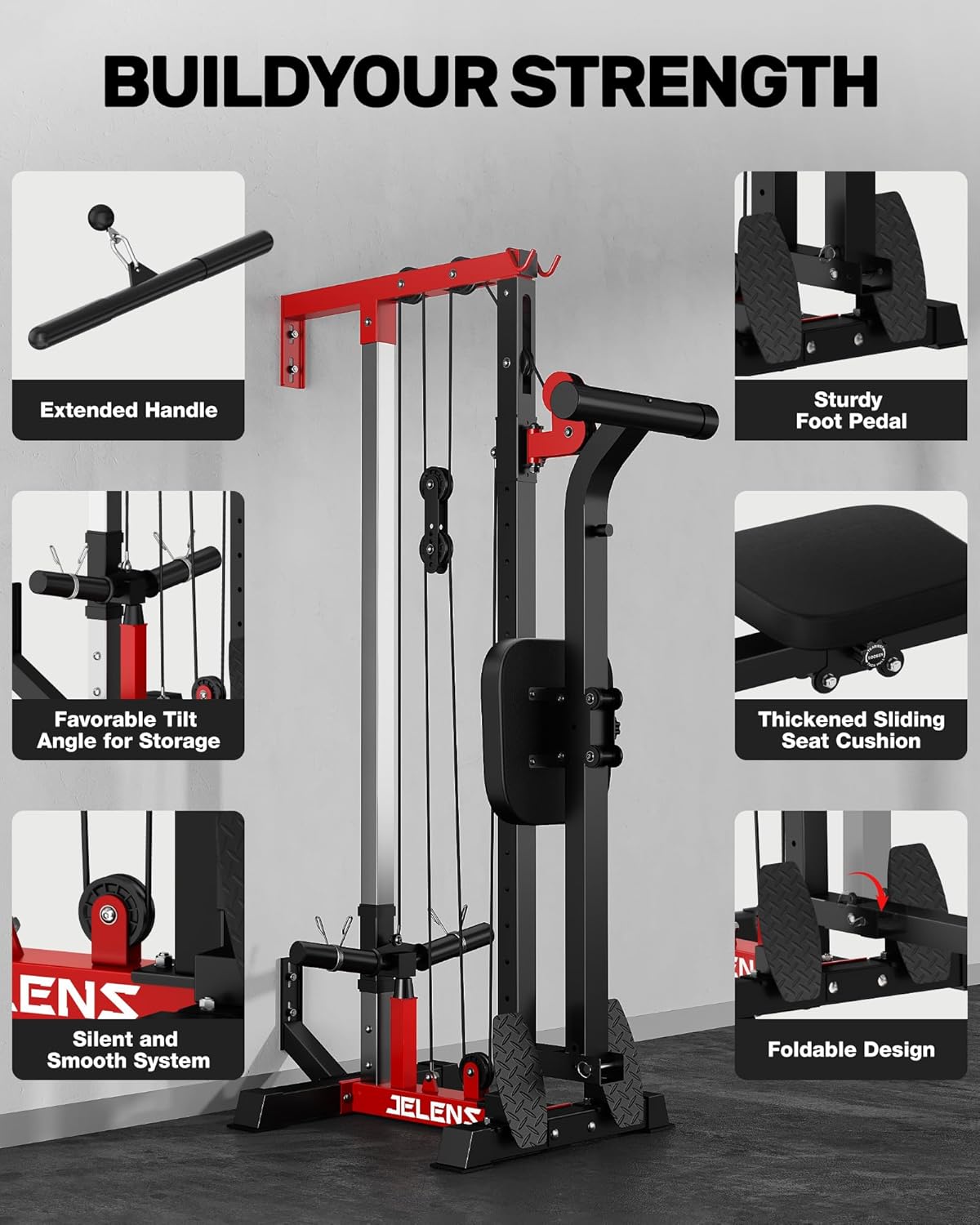 Wall Mount LAT Pulldown Machine, Cable Machine with 16 Adjustable Positions, High and Low Cable Crossover Machine for Home Gym, Crossover Pulley System with Cable Row Attachment