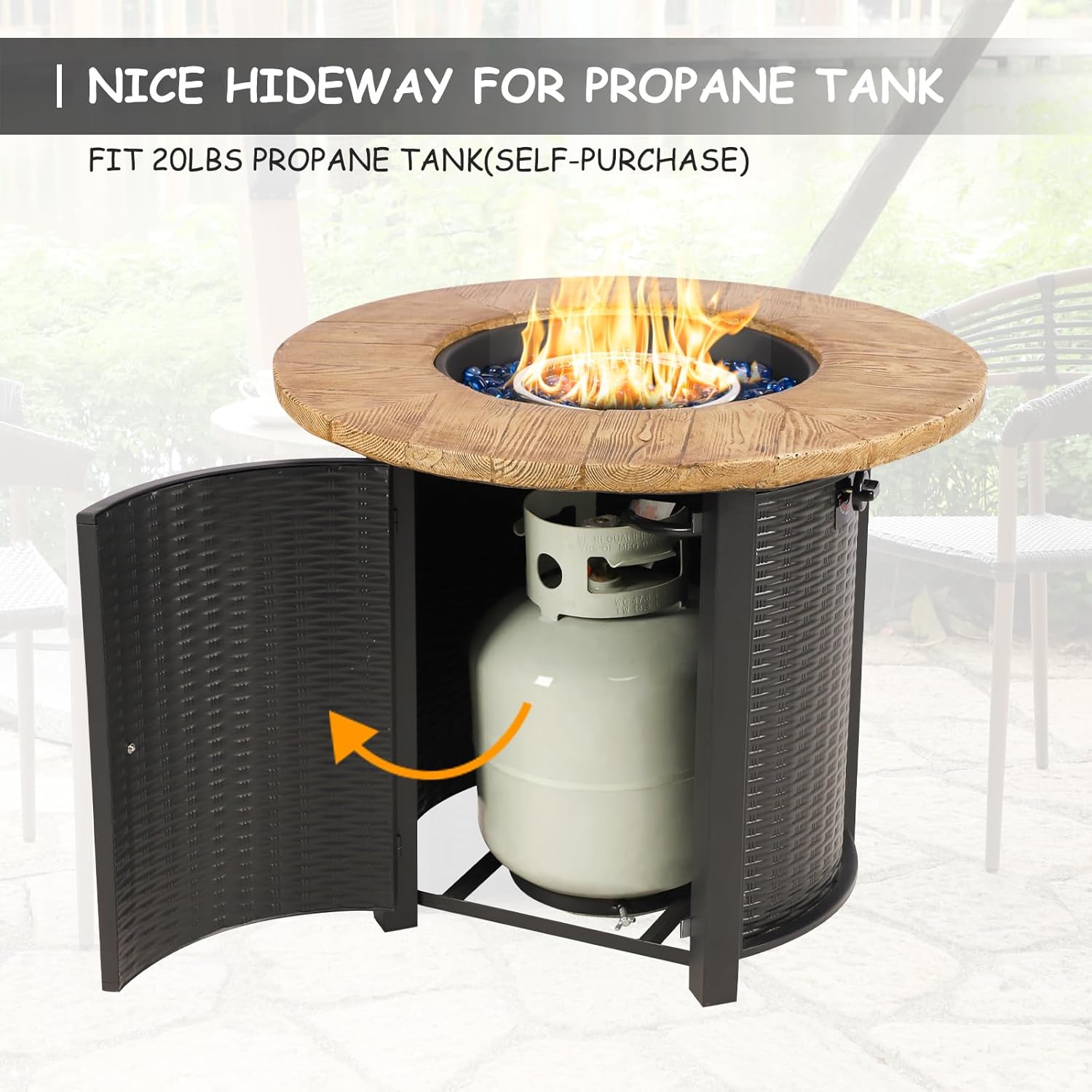 30 Inch Round Propane Fire Pit Table,50,000 BTU Iron Gas Fire Pit with Lid,Ignition Systems,w/Glass Stones and Rain Cover,Outdoor Firepit Table for Patio & Deck