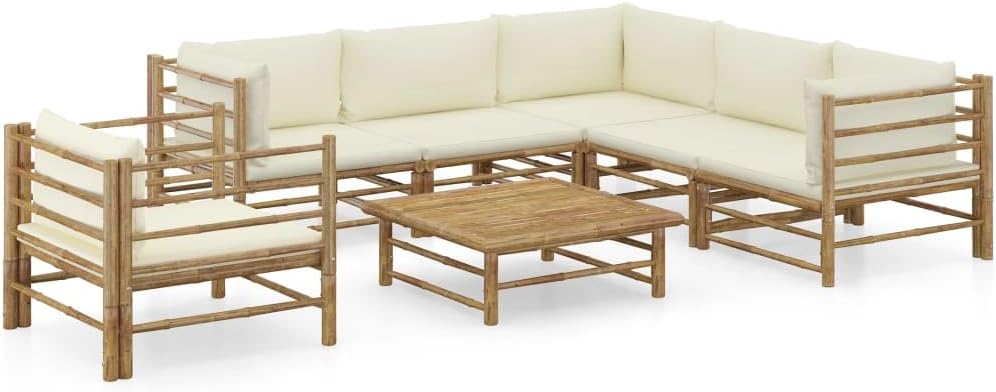 7 Piece Patio Lounge Set with Cream White Cushions Bamboo,Comfortable Bamboo Outdoor Lounge Set with Washable Cushions and Modular Design Furniture Sets for Patio, Lawn & Garden