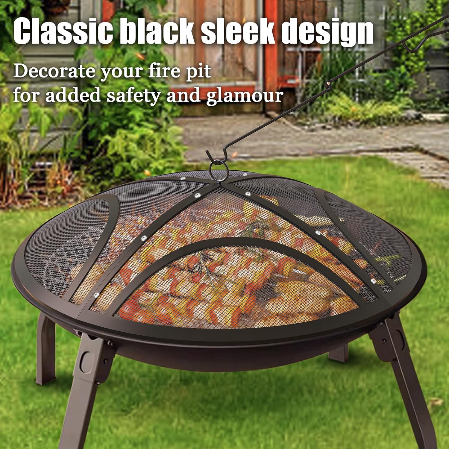 Fire Pit Spark Screen, Upgraded 40 Inch Outdoor Fire Pit Screen with Handle & Poker, Heavy-Duty Steel Fire Pit Cover Round Mesh Replacement Firepit Screen for Backyard/Beach/RV Camping
