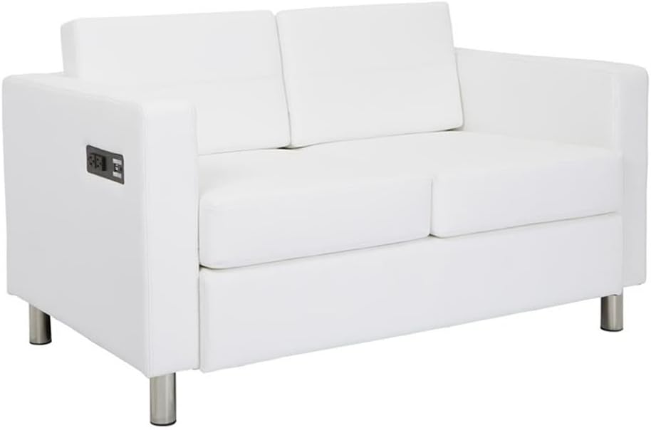 Office Star Products Atlantic Loveseat with Dual Charging Station in Dillon Snow White Faux Leather