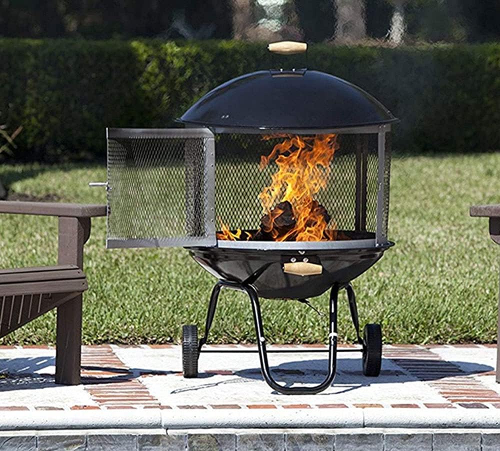 Campfire Patio Fire Pit, Outdoor Fire Pit, Backyard Fire Pit, Wood-Burning Portable Pulley Steel Outdoor Brazier with Screen Cover 44.8 Inches