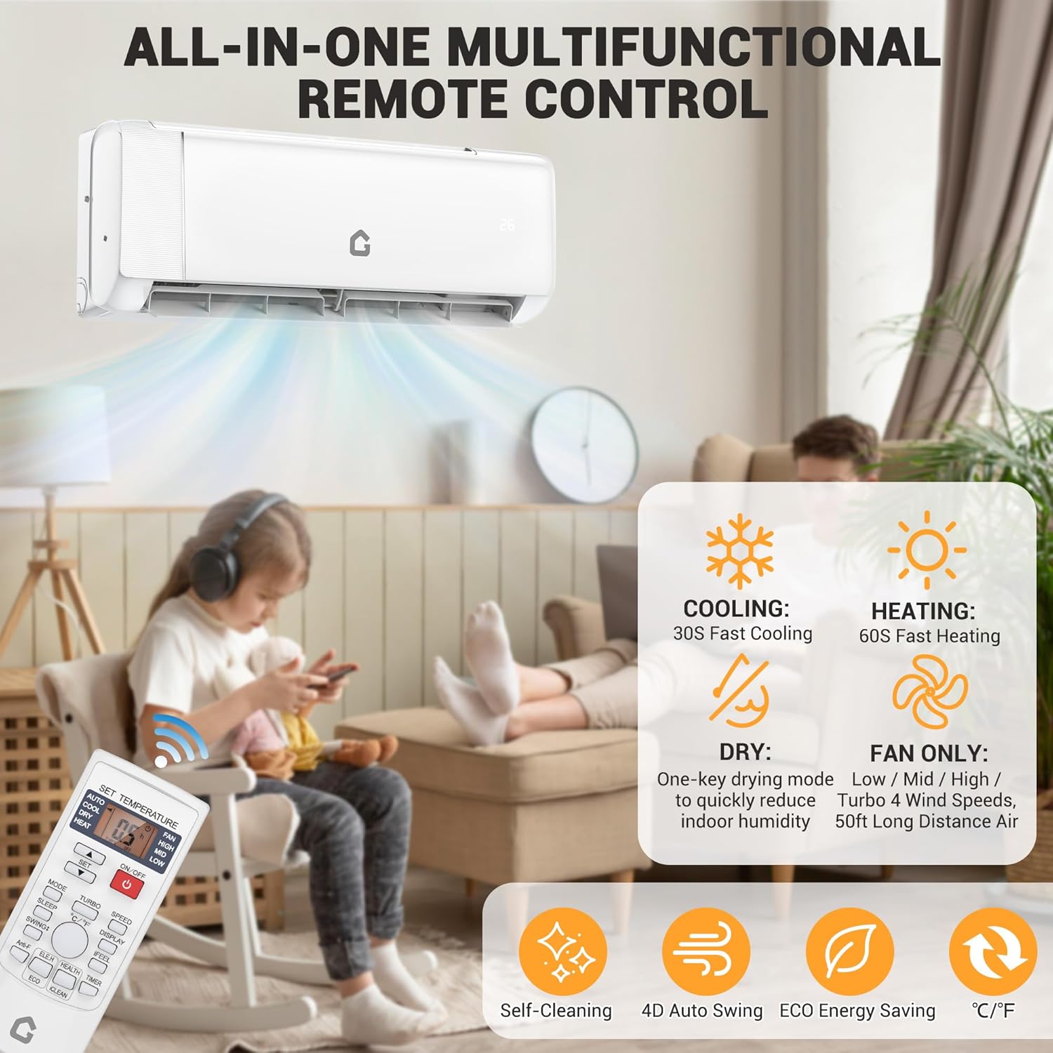 12,000 BTU Mini Split Air Conditioner,22 SEER2,750 Sq.Ft Cooling/Heating,Smart Inverter,Alexa WiFi Control, 5 Modes (Cool/Heat/Dehumid/Fan/Sleep), ECO Mode,3D Airflow,Self-Clean,Professional Kit
