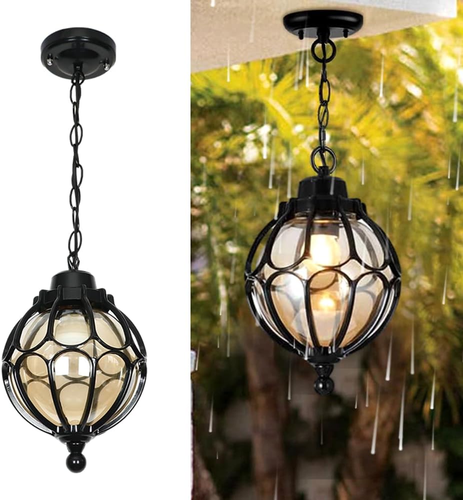 Outdoor Pendant Light Fixtures For Porch, Waterproof Exterior Lantern Glass Vintage Hanging Ceiling Light Retro Aluminum Outside Chandelier For Porch Patio Entryway Farmhouse (27cm/10.6