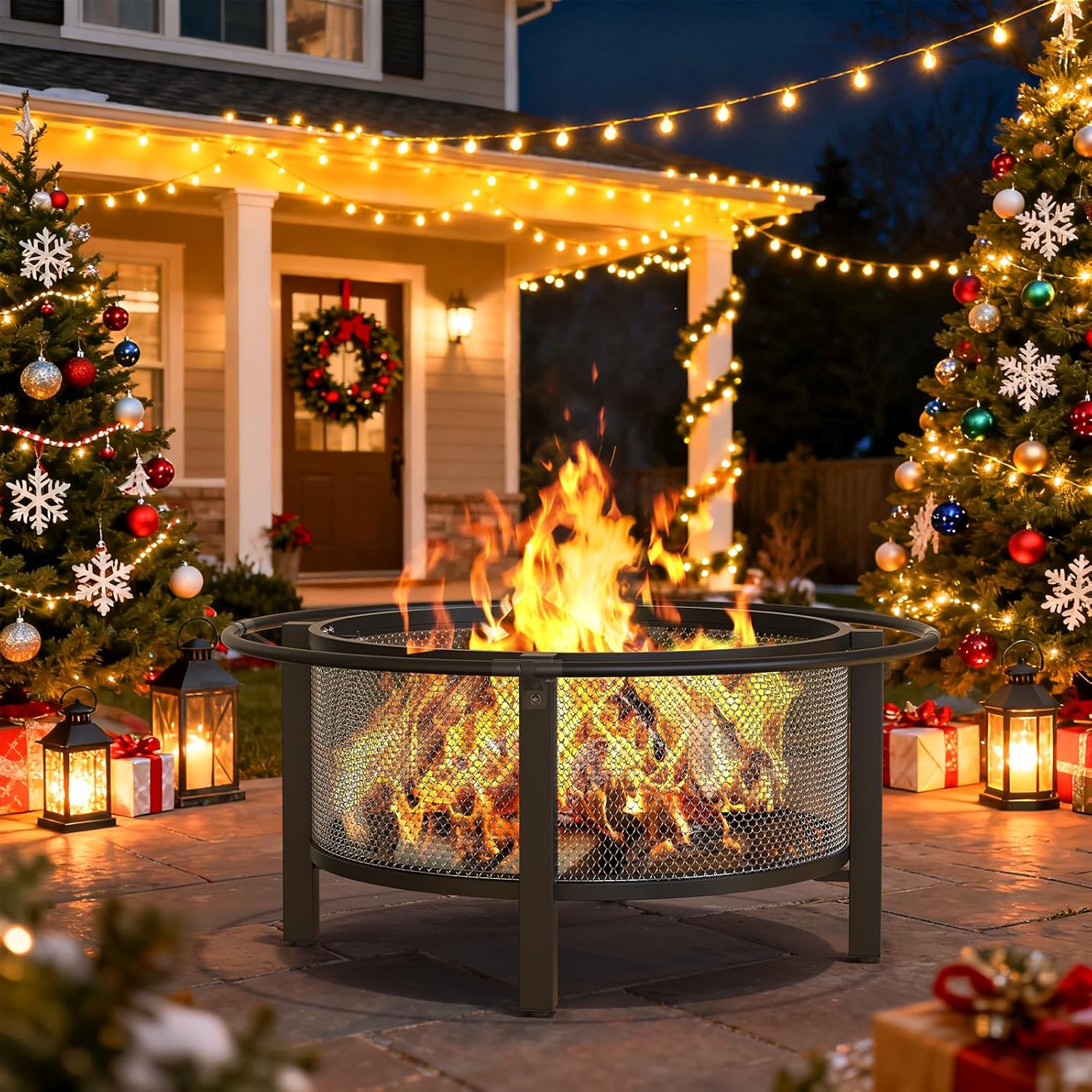 ONBRILL 2-in-1 36 Inch Fire Pit with Cooking Grill, Outdoor Wood Burning Firepit with Poker for BBQ, Bonfire, Picnic, Party, Round Metal Fire Pit for Outside, Backyard, Patio