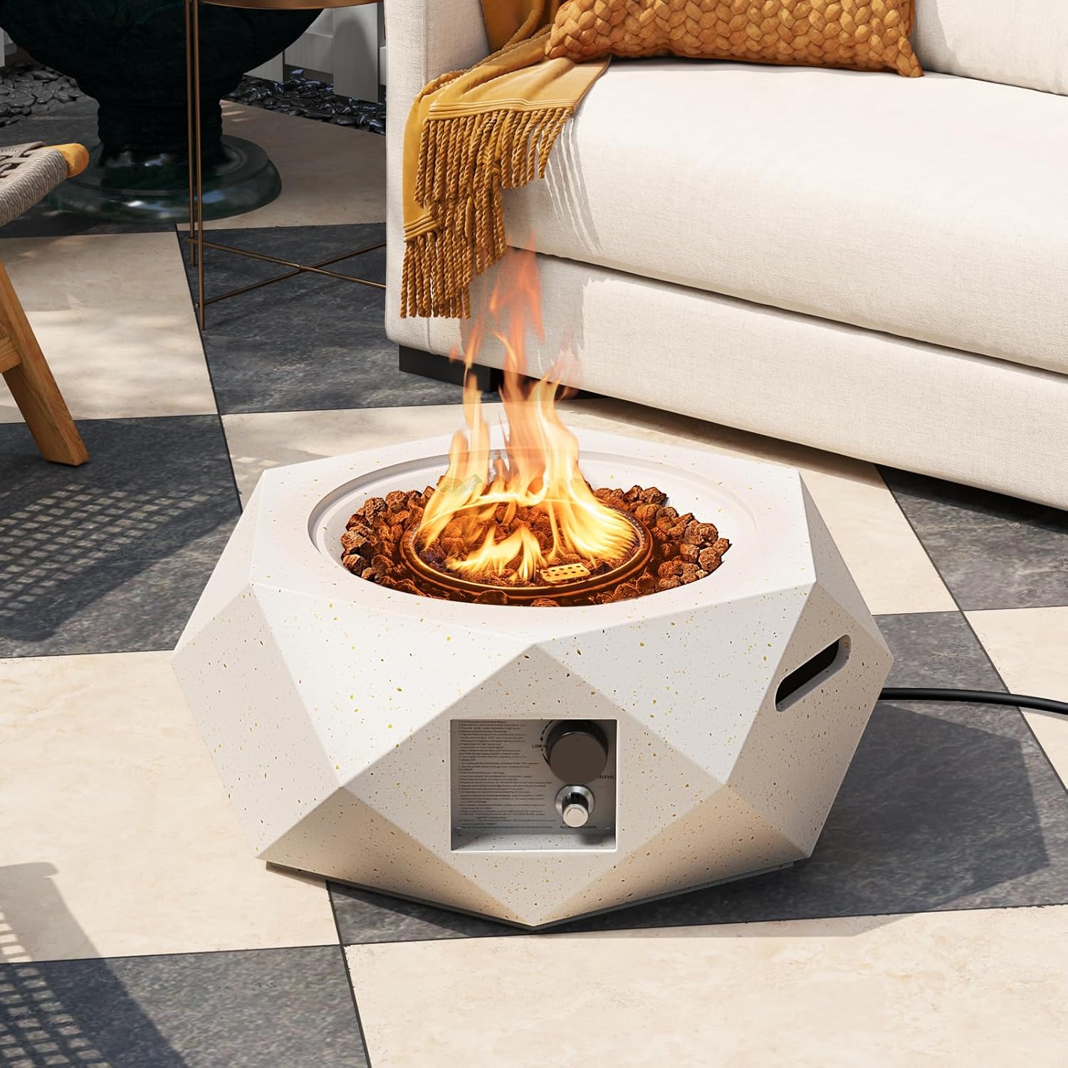 Tangkula Propane Fire Pit Table, 28” Hexagon Terrazzo Gas Fire Pit with Stainless Steel Burner & Lava Rocks, Protective Cover & Tank Seat Included, 40,000 BTU Smokeless Fire Pit for Outside Patio