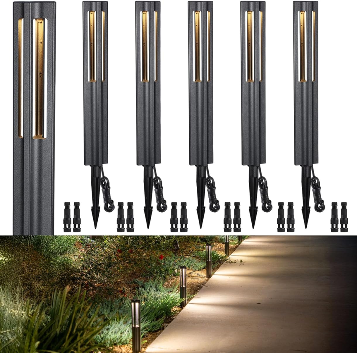 LEONLITE Low Voltage Path Lights, 3W LED Landscape Pathway Lights, Outdoor Landscape Lighting for Driveway, Garden, Aluminum, 12-24V AC/DC, ETL, IP65 Waterproof, 3000K Warm White, Black, Pack of 6