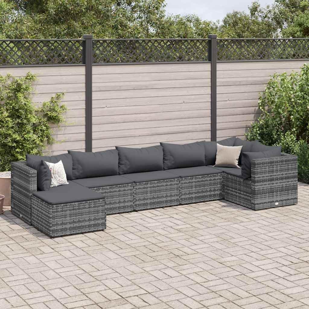 Patio Set 7 Piece Patio Lounge Set with Cushions Gray Poly Rattan