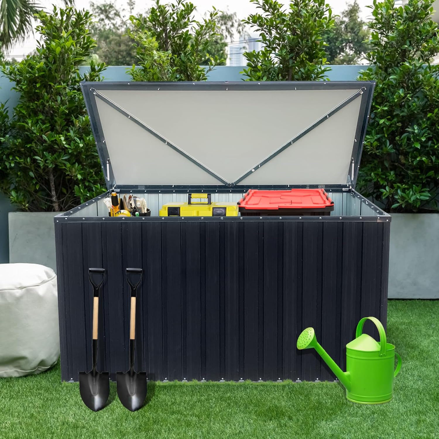 215 Gallon Outdoor Storage Box, Metal Deck Box with Waterproof UV-Resistant and Hydraulic Rod Design for Poolside, Patio, Backyard (Medium)