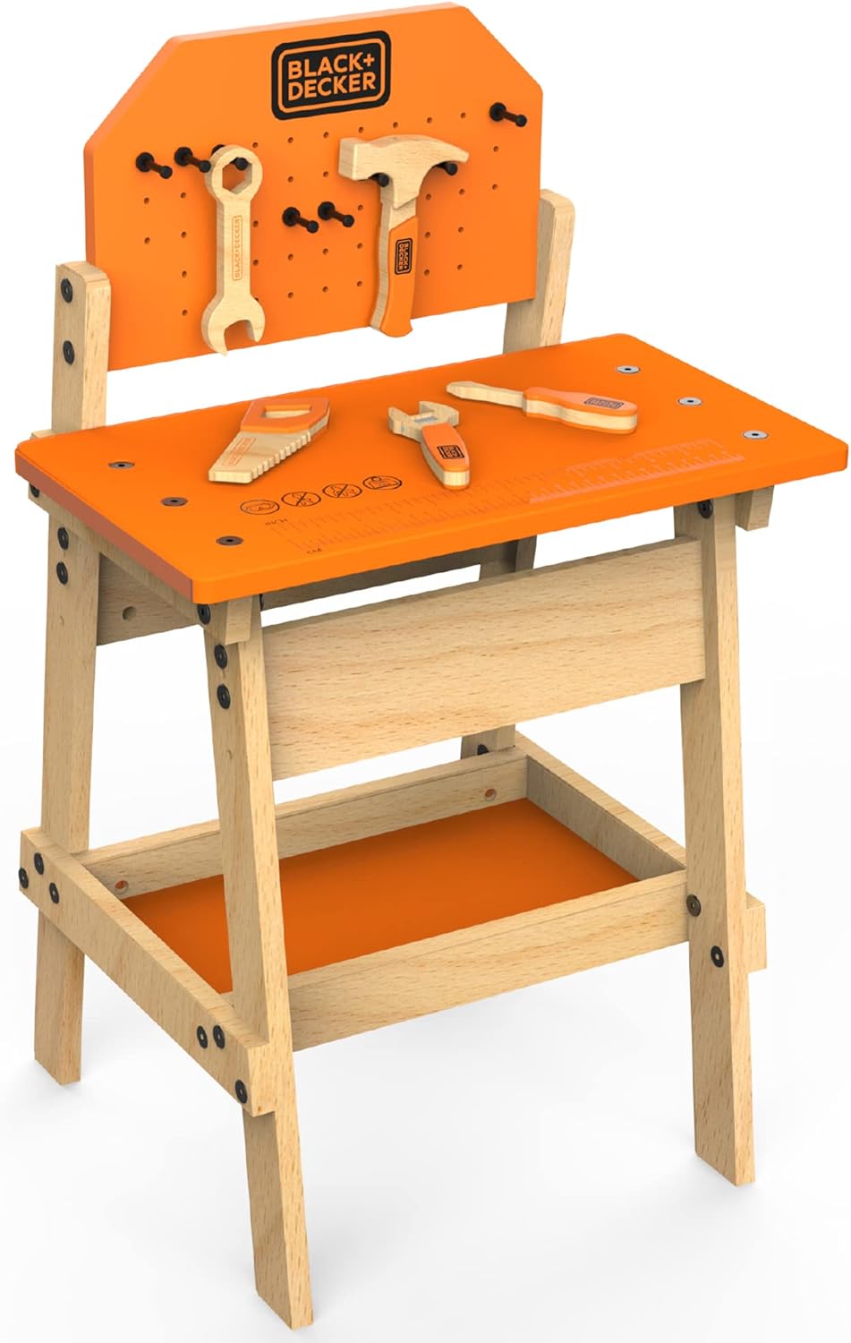 Black & Decker Kids Workbench and six Piece Wooden Tool Set for Girls and Boys, Pretend Play Construction Tools
