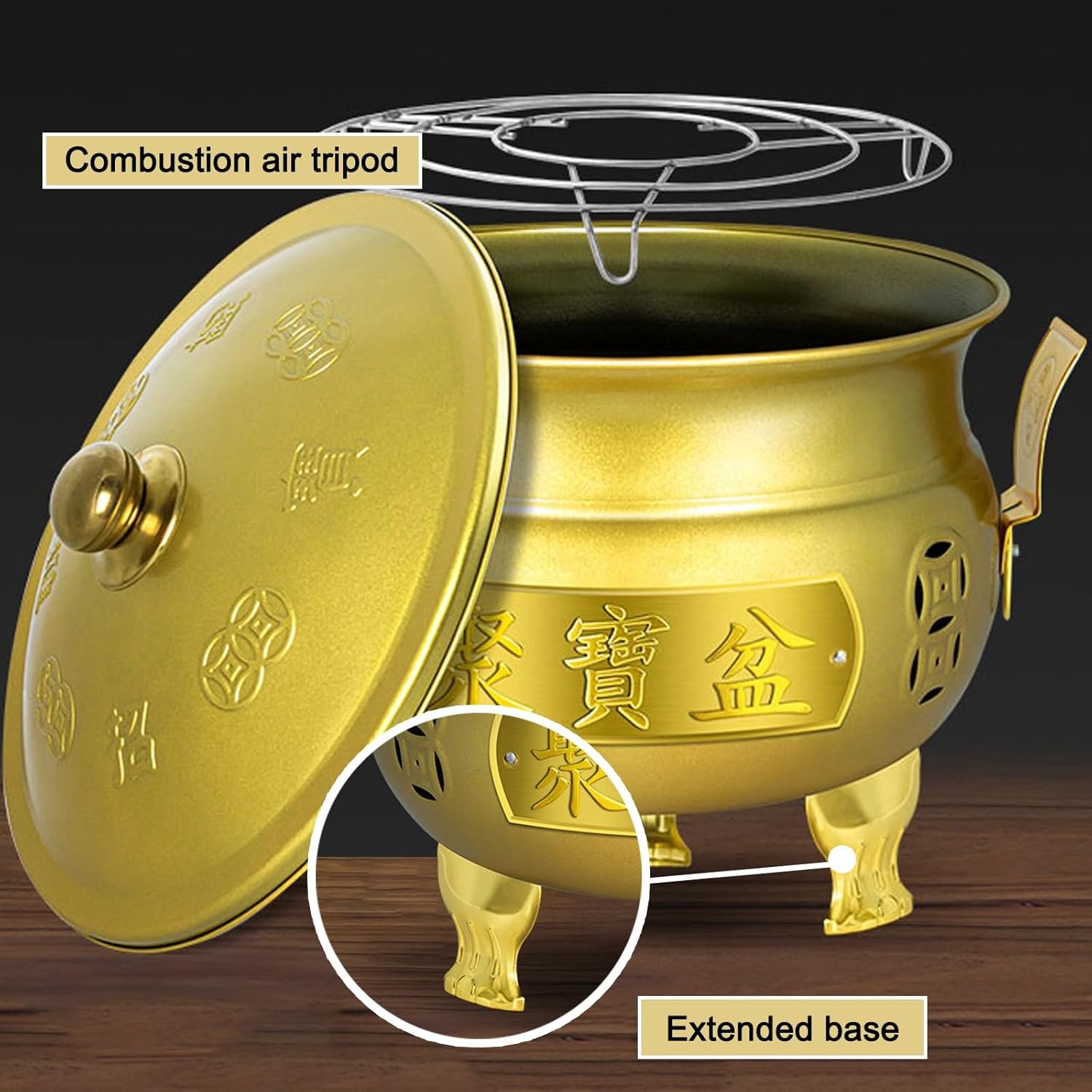 Outdoor Incinerator, Burn Cage with Lid, Double Handle Metal Fire Pit for Burning Paper Leaves Garbage Paper Money(Gold,43cm/17in)