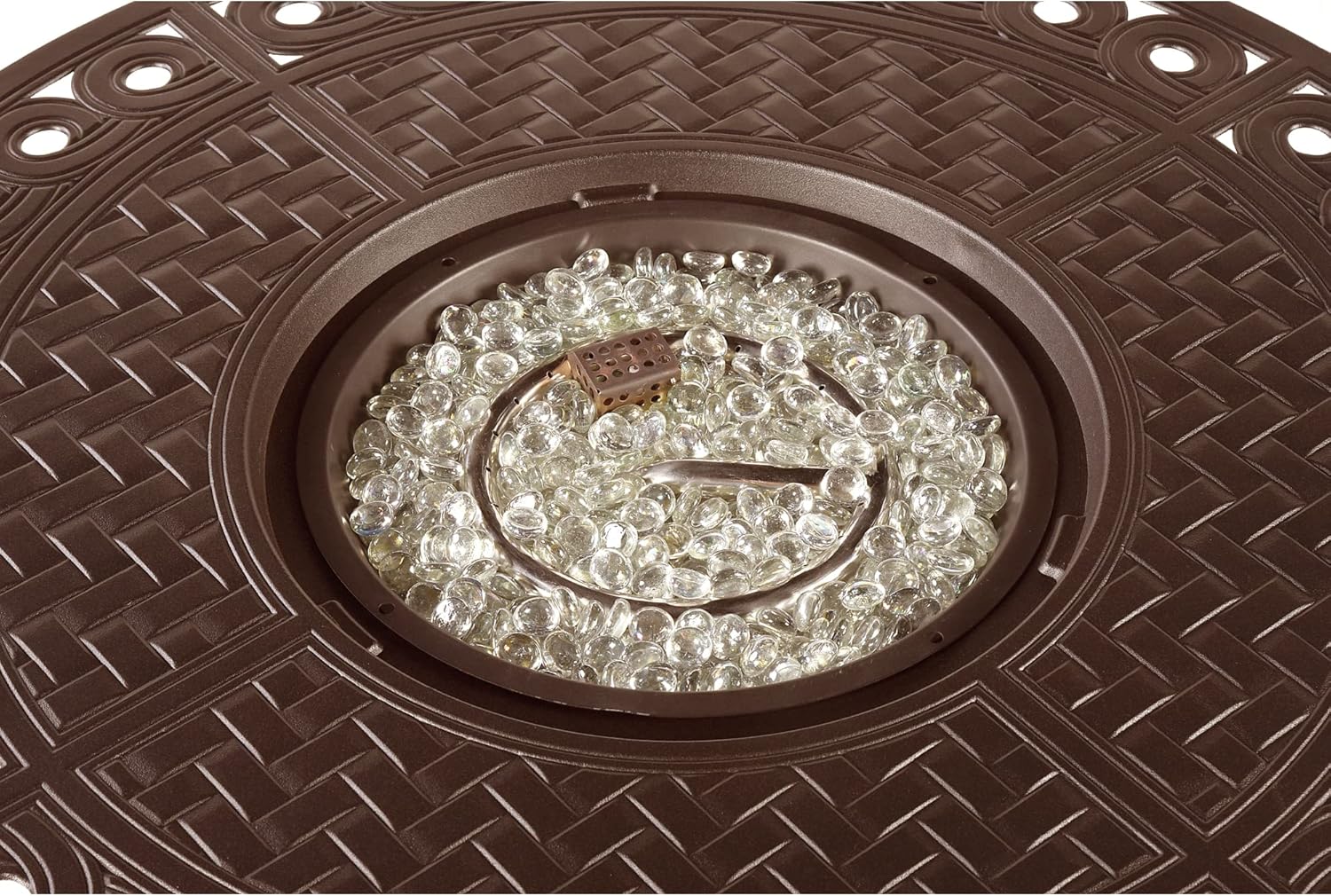 Round 34 in. x 34 in. Aluminum Propane Fire Pit Table with Glass Beads, Two Covers, Lid, 37,000 BTUs in Brown Finish