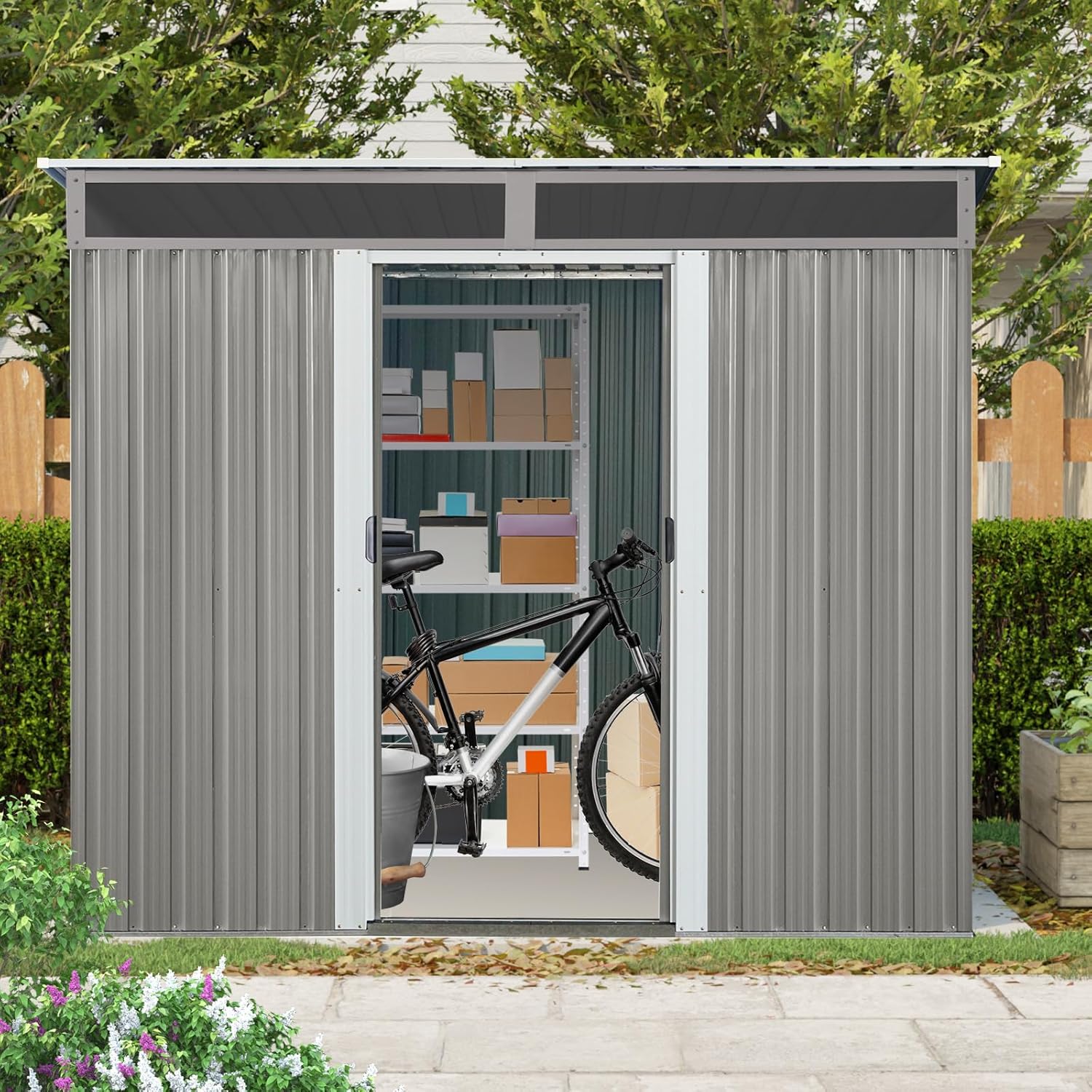 Metal Garden Storage Shed - 8 ft x 6 ft Outdoor Tool Shed with Window Sliding Door Metal Foundation Frame for Backyard, Patio, Lawn, Gray