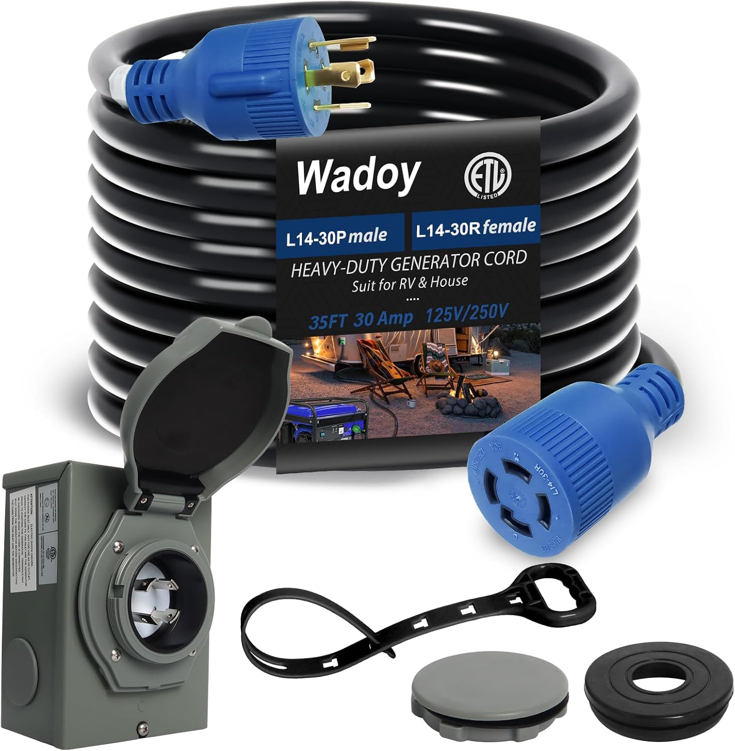 30 Amp Generator Cord and Power Inlet Box, 35 Ft SJTW 4X10AWG Generator Power Extension Cord 4 Prong Blue NEMA L14-30P to L14-30R 125V, 7500W Generator Power Inlet Organizer Combo Kit ETL Listed