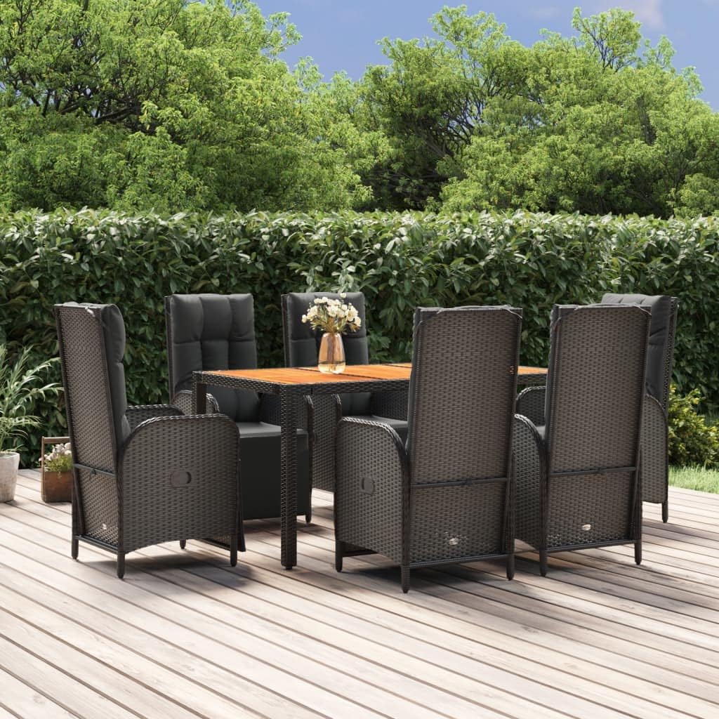 7 Piece Patio Dining Set with Cushions Black Poly Rattan,AllWeather Patio Dining Set with Reclining Chairs and Acacia Wood Table Patio Furniture Sets, Outdoor Furniture Sets