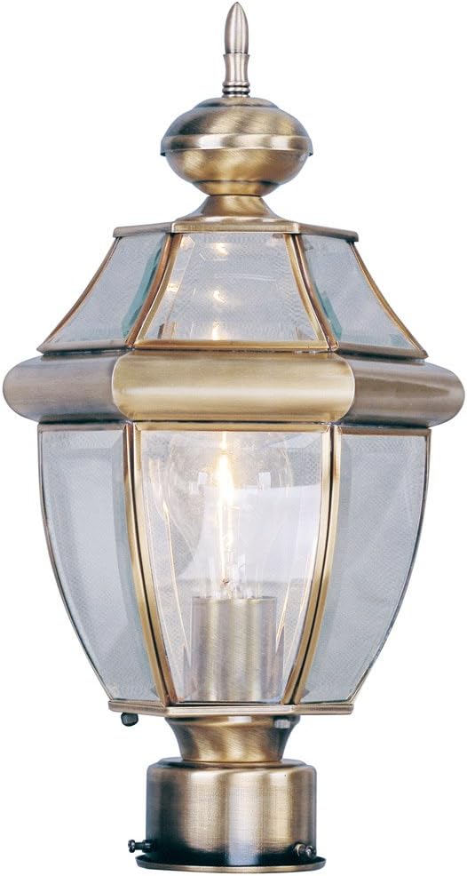 Livex Lighting Lantern 2153-01 Outdoor Post with Clear Beveled Glass Shades, Antique Brass