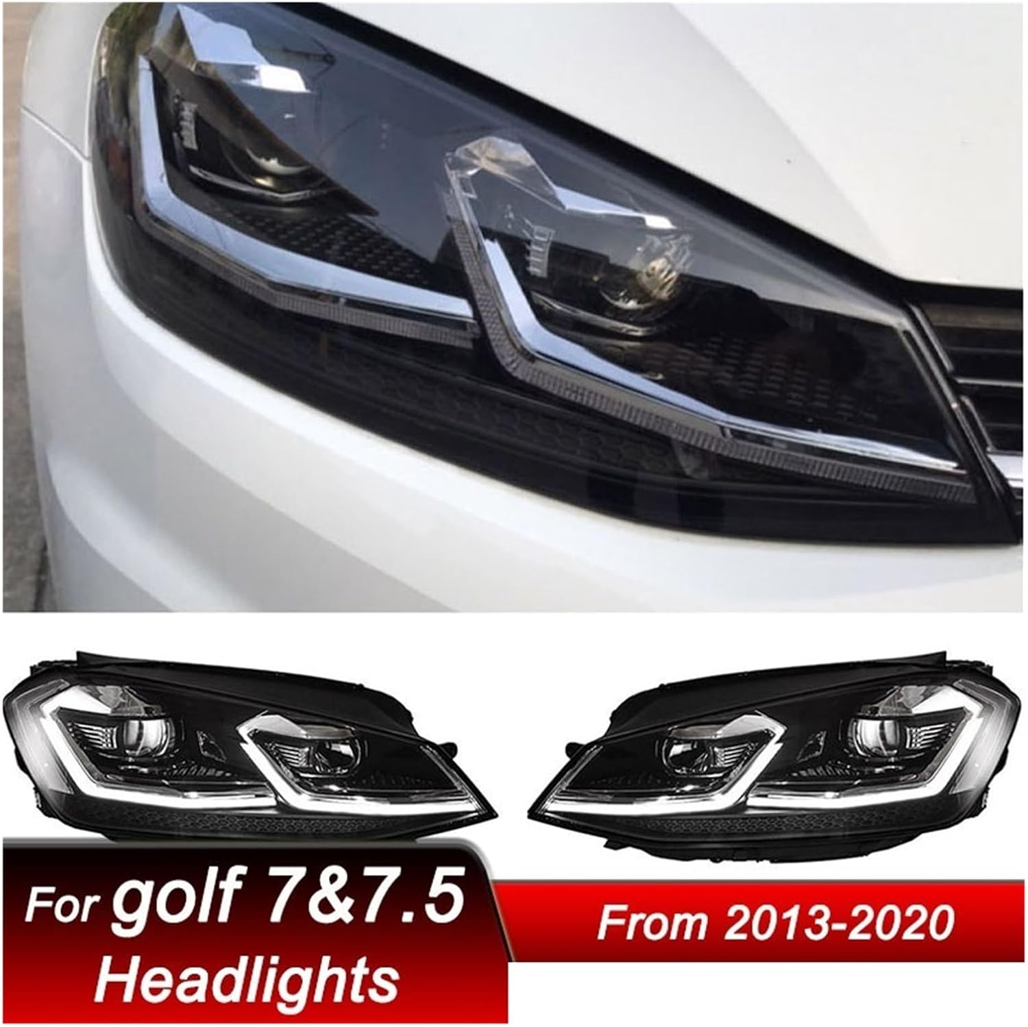 Car Headlights Compatible For VW Golf 7 7.5 MK7 2013-2020 Low To LED Auto Headlamp Assembly Projector Lens Accessories Kit(Red,Golf 7.5,RHD)