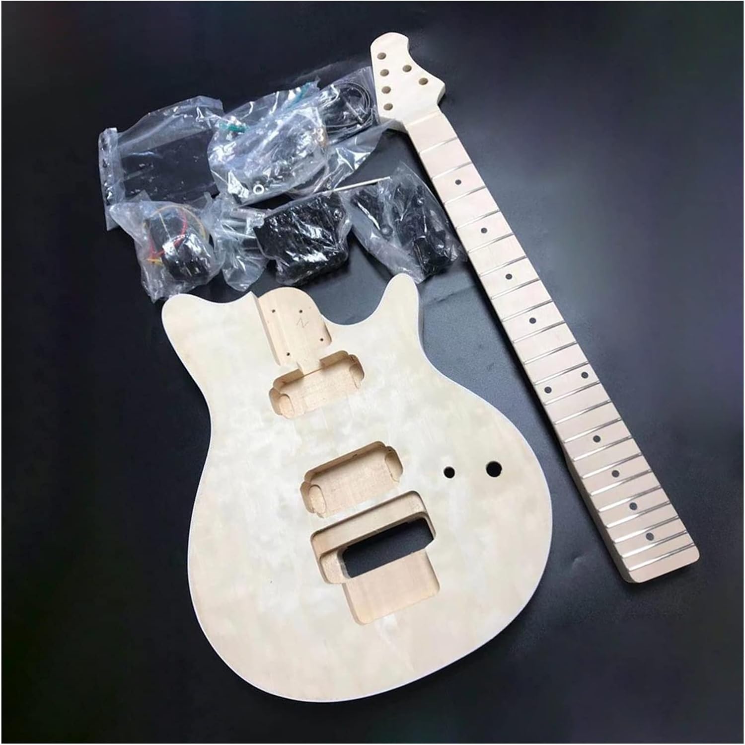 TSTS 2 Dual-Coil Pickups Unfinished 22 Frets DIY Electric Guitar Kit Basswood Body and Fingerboard Unfinished Electric Guitar Kit