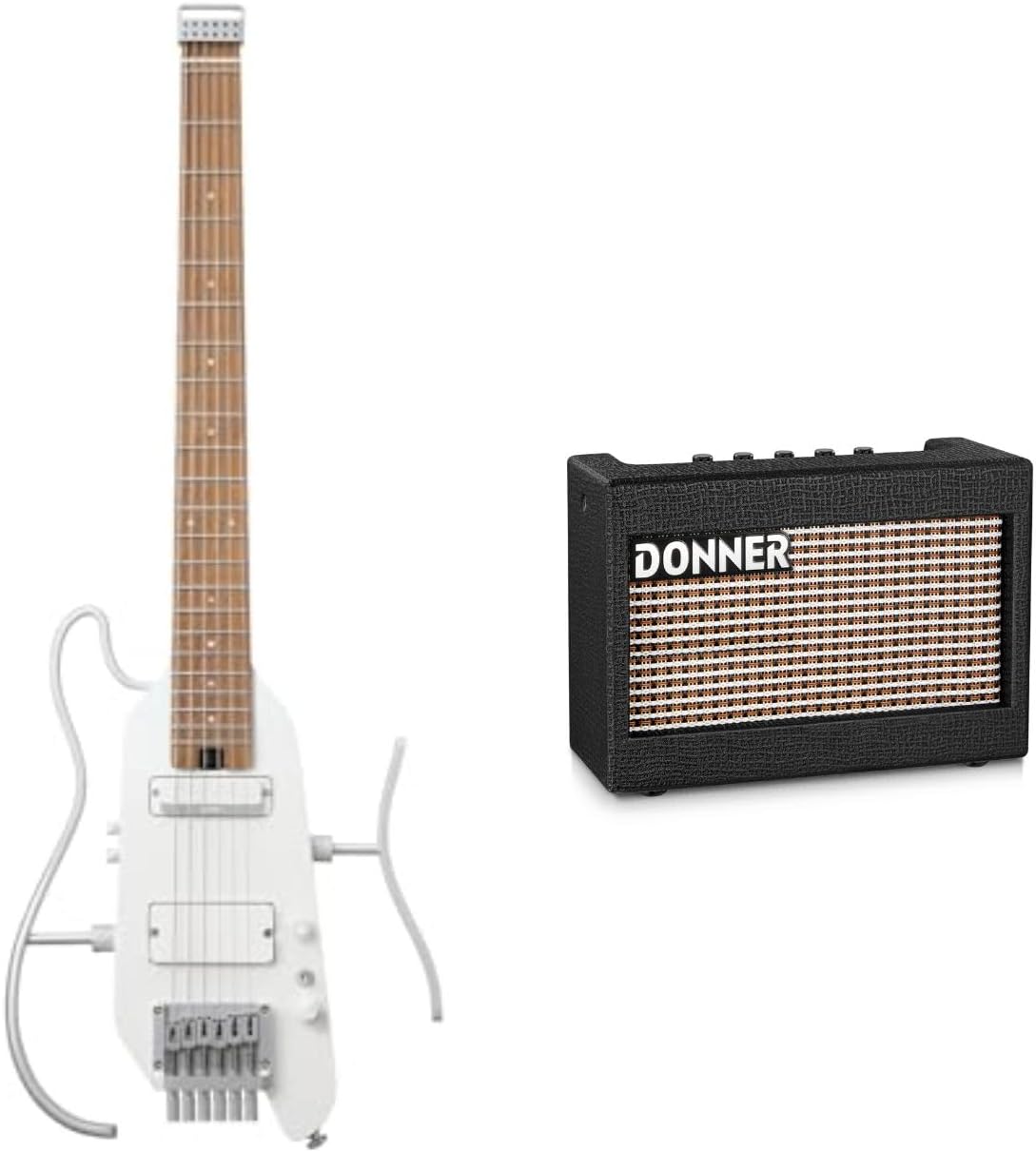 Donner HUSH X PRO Electric Guitar Kit - Smart Travel Guitar with Dozens of Preset Combinations, 7 Tone Sim Options, Metallic White and Mini Electric Amp