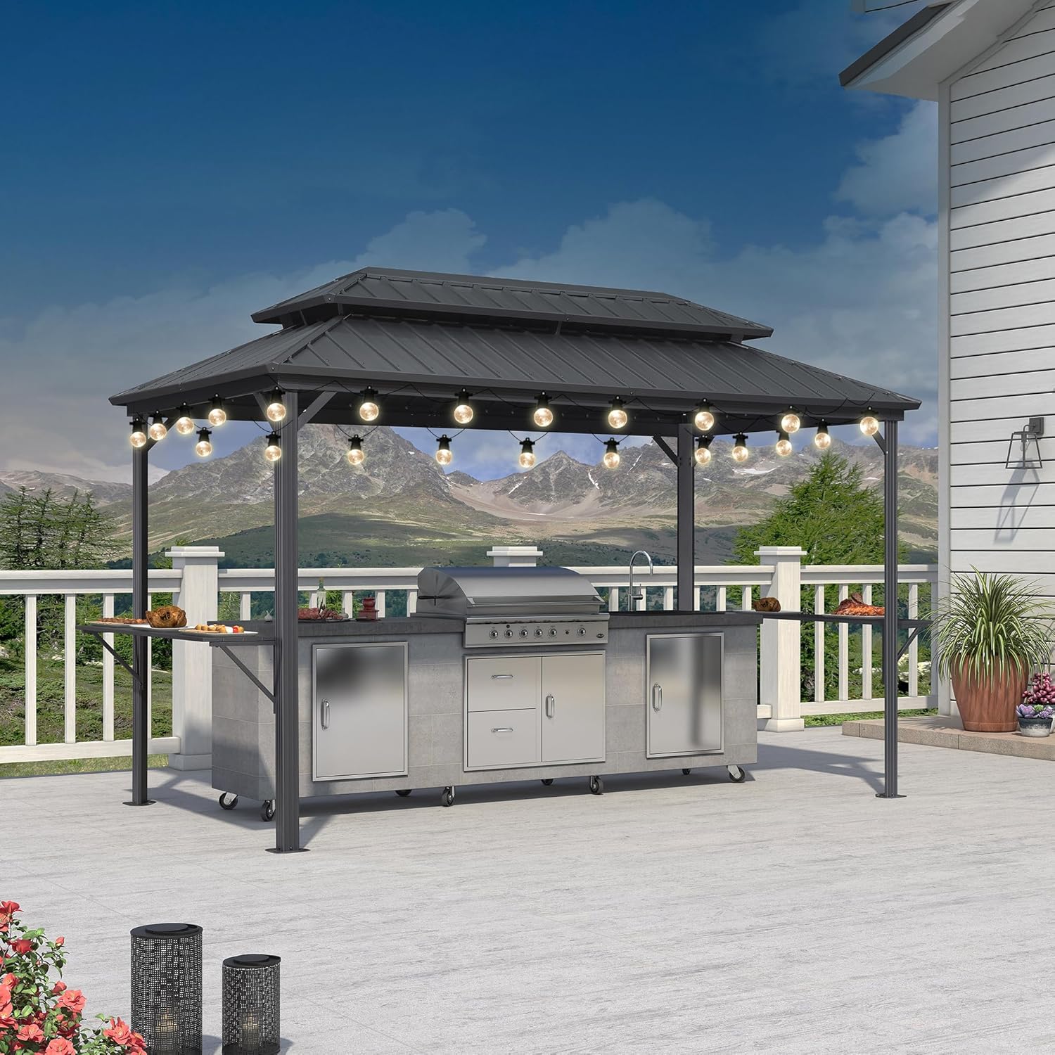 PURPLE LEAF 6.5' X 12' Hardtop Grill Gazebo for Patio Aluminum Barbeque Canopy with 24 Clear Light Bulbs and Shelves Double Tiered Grey Outdoor BBQ Gazebo
