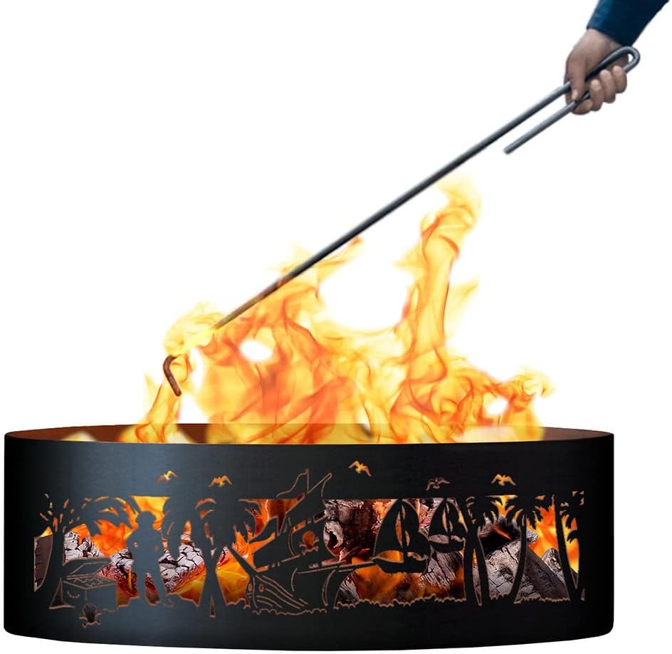 PD Metals PL01430-FP Pirates Life Unpainted 12 in. Tall 30 in. Diameter Outdoor Fire Ring with Fire Poker - 30 x 30 x 12 in. - Rustic Black Color