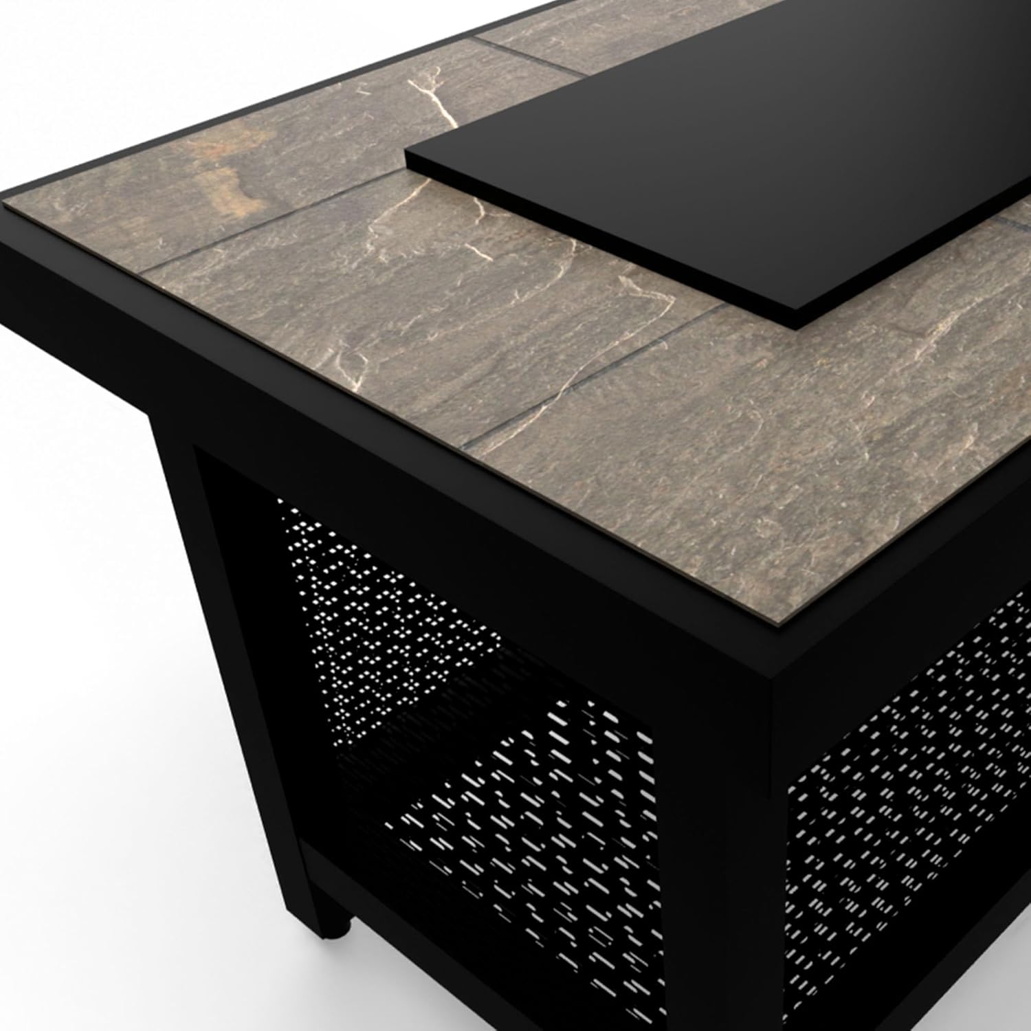 Four Seasons Courtyard Wilmette Aluminum Firepit Woven Wicker with Grouted Stone Tile Top and Rectangular Framing for Patio, Lawn, and Garden Use