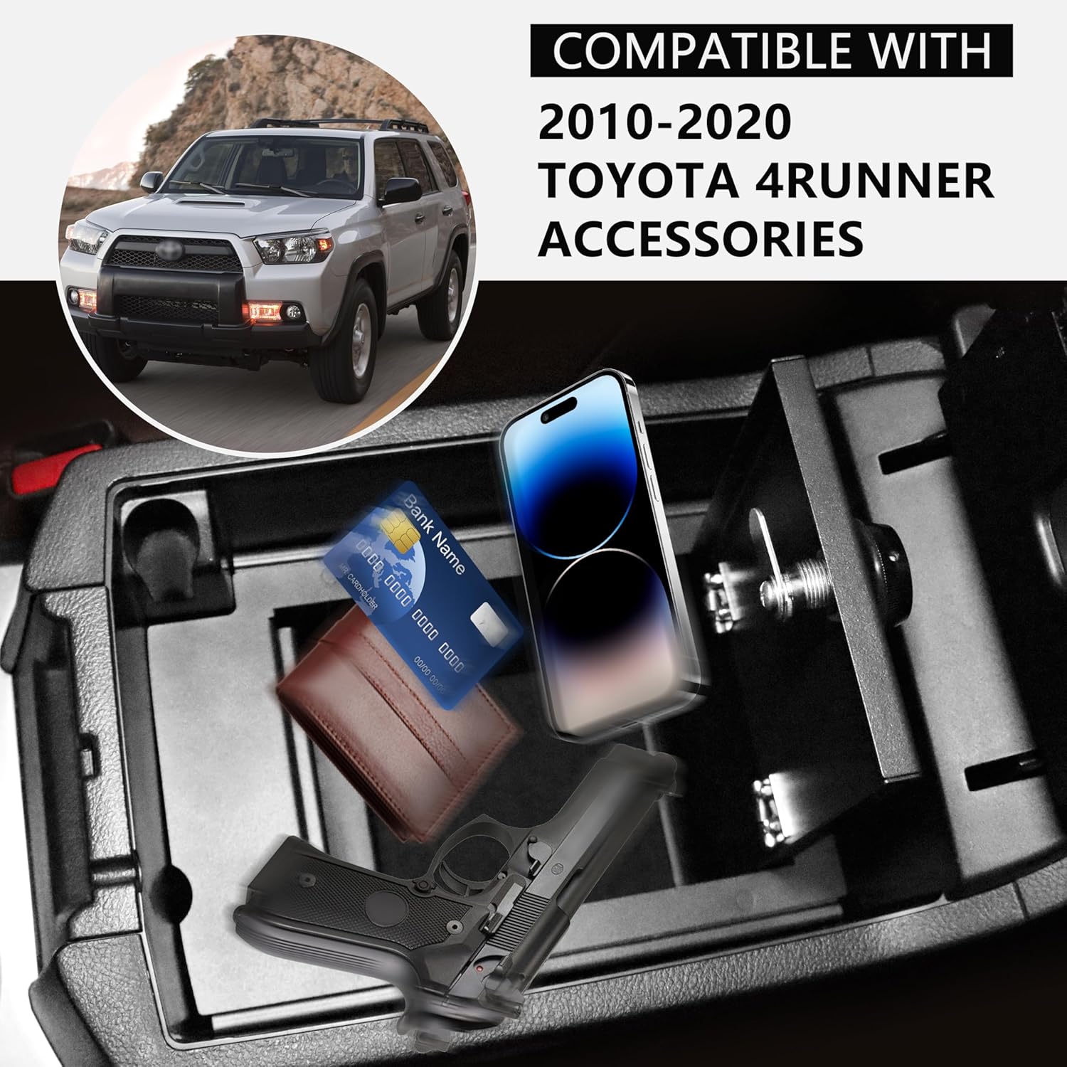 Center Console Safe Gun Safe Console Vault Lock Box for 2010-2020 Toyota 4Runner Accessories, Armrest Storage Box with 3 Digit Password Lock for 5th Gen 4runner Accessories
