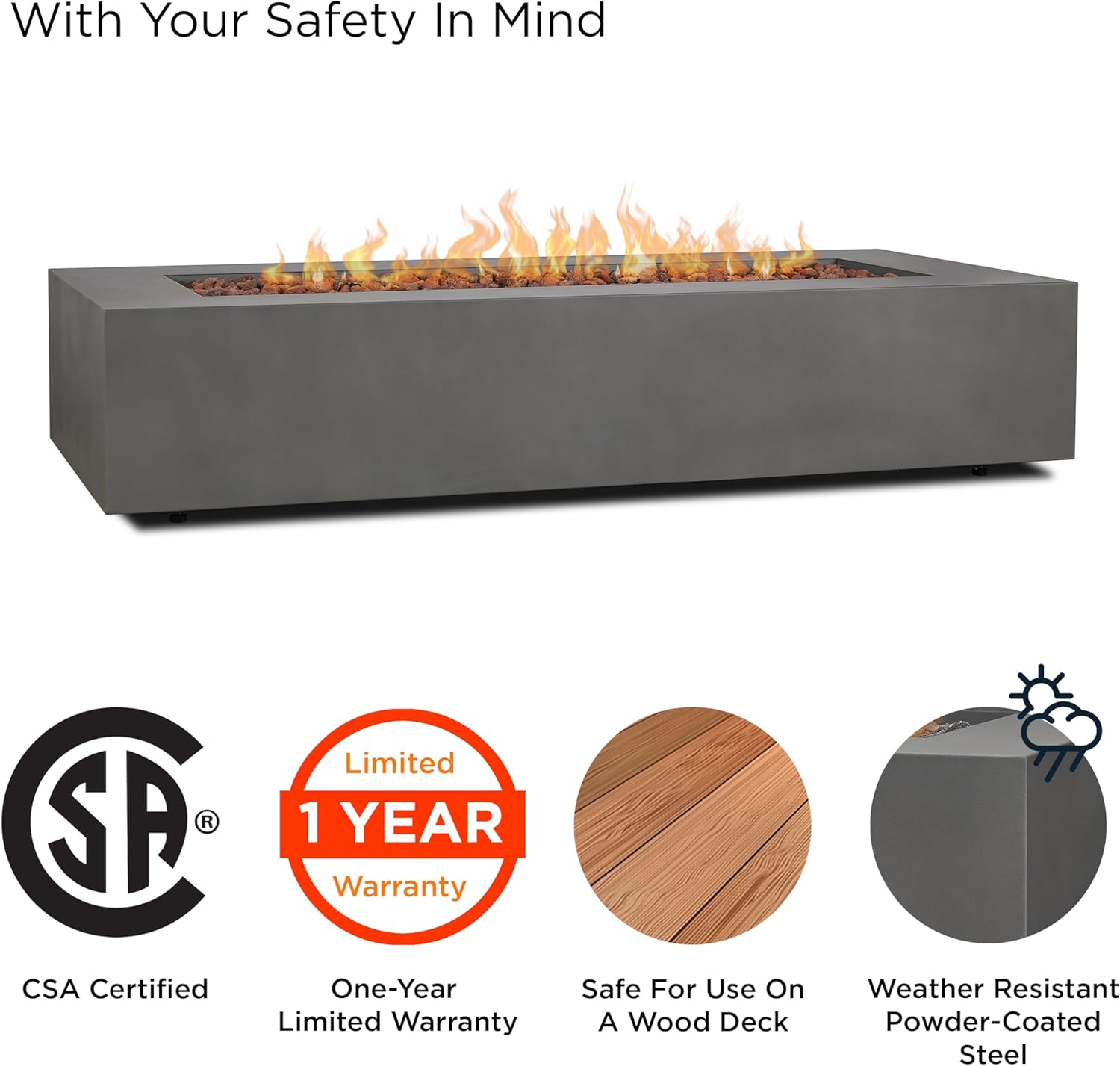 Real Flame Aegean 70in Rectangle Propane or Natural Gas Fire Pit Table, 65,000 BTU, Powder-Coated Steel, Push-Button Ignition, CSA Certified, Lava Rock, Storage Cover, Stainless Steel Burner with Lid
