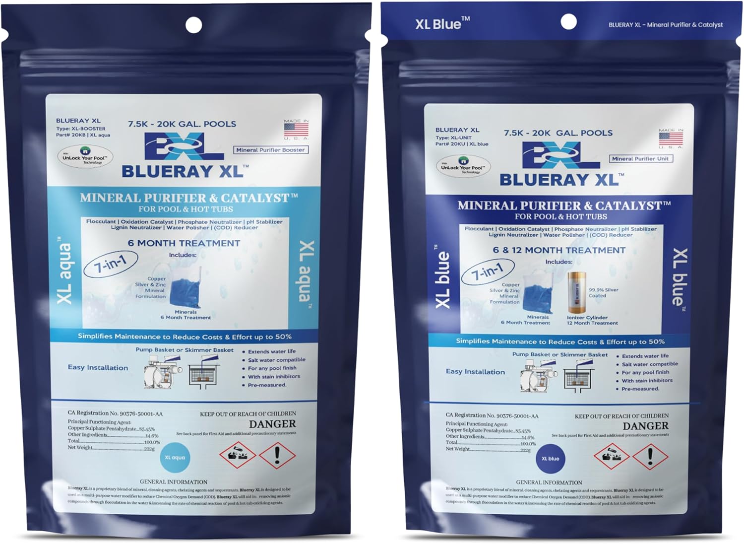 BLUERAY XL- Mineral Purifier & Catalyst for Pools & Hot Tubs - 7 in 1 Pool Mineral System Unit for Pools - Copper, Silver & Zinc Pool Cleaner Bundle (XL Blue & XL Aqua)