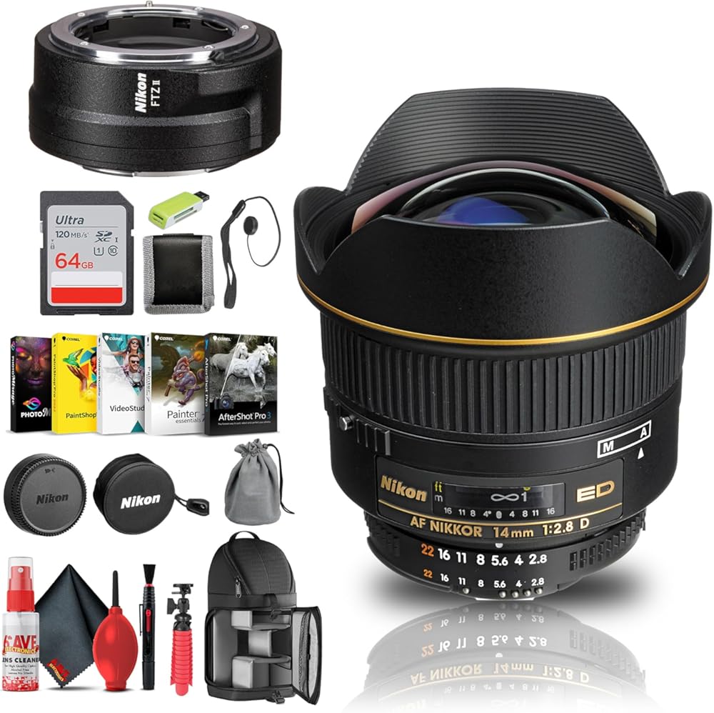 Nikon AF NIKKOR 14mm f/2.8D ED Prime Lens F Mount Cameras (1925) + FTZ II Adapter + 64GB Memory Card + Filter Kit + Card Reader + Photo Software + More (Renewed)