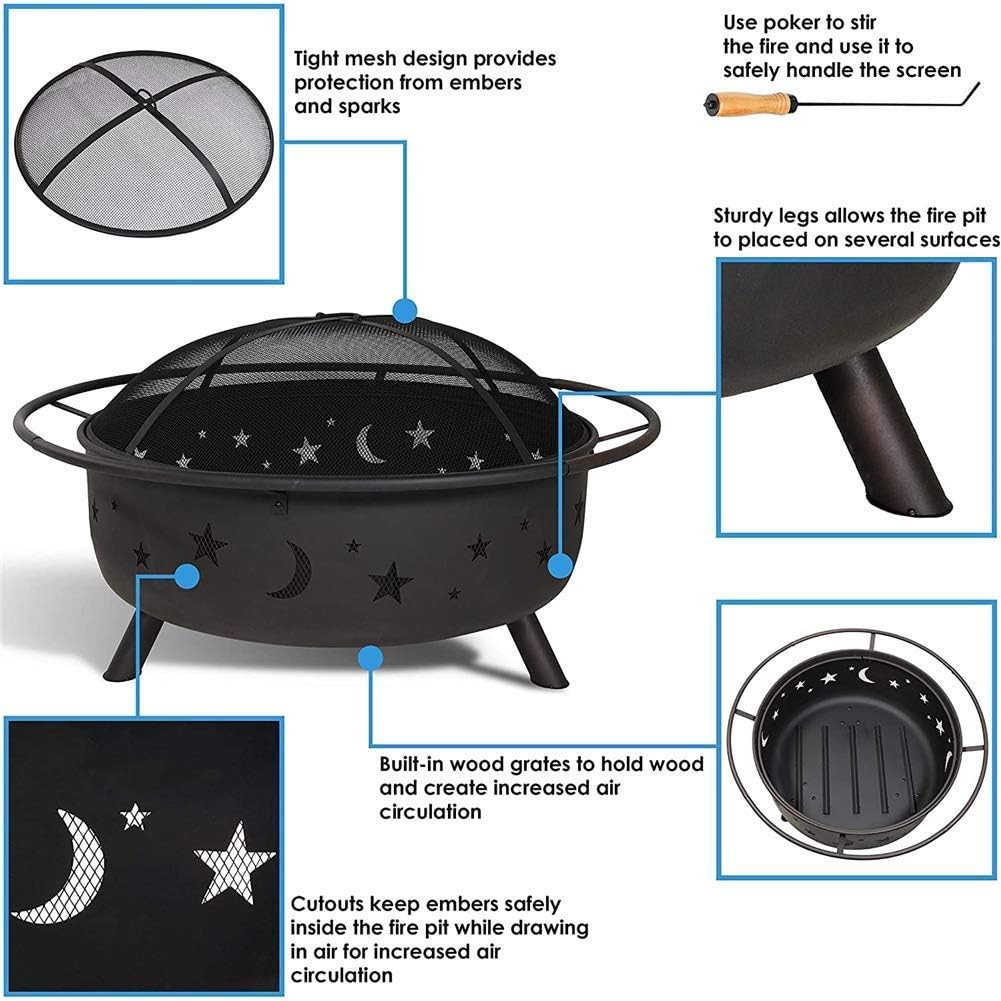 Garden Fire Pit Grill Bowl Grill Barbecue Rack Round Outdoor Fire Pit, Wood Burning Patio & Backyard Firepit with Mesh Spark Screen and Fireplace Poker, for Camping Picnic Outdoor Fire Pits