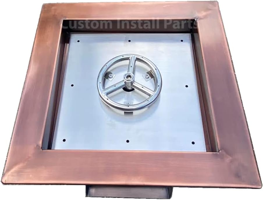 18 Inch Square Hammered Copper Metal Outdoor Propane or Natural Gas Fire Pit with Waterfall Fountain Water Feature