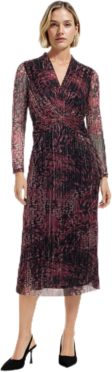 Anne Klein Womens Long Sleeve Twist Front Printed Shine Midi Dress
