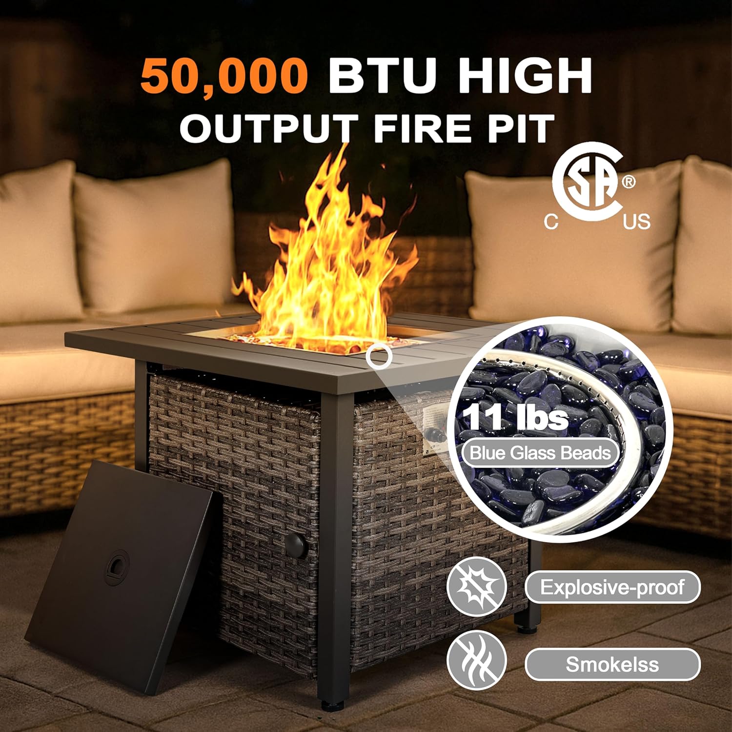 Nuu Garden Propane Fire Pit Table, CSA Certified 30 Inch 50,000 BTU Outdoor Propane Gas Cabinet Square Fire Pit Table, Iron Tabletop, Rattan and Iron Frame, with Lid and Fire Glass Beads, Black