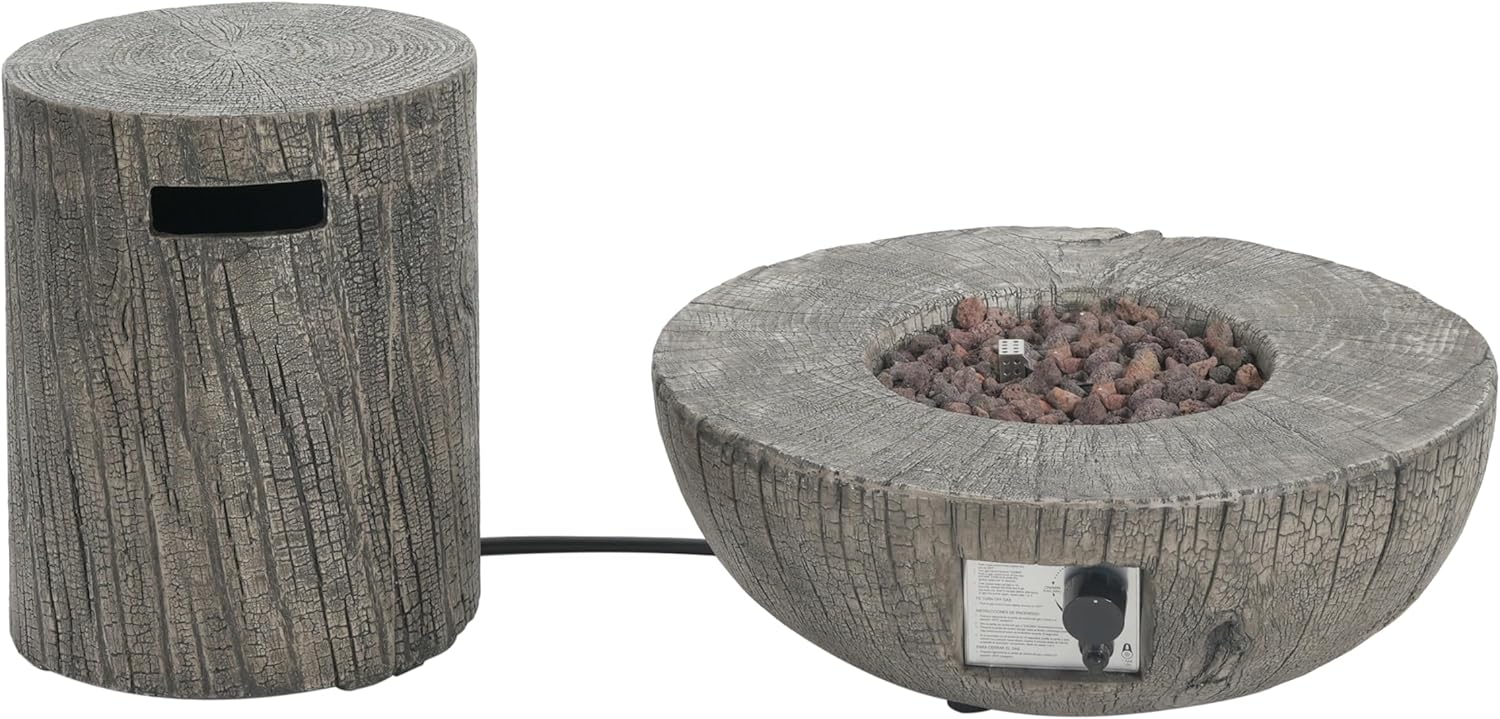 Christopher Knight Home Hearth Outdoor Fire Pit and Tank Holder Set, Lightweight Concrete Tank Table, 30000BTU Round Fire Pit, Woodlike Texture, Concrete Patio Fire Bowl, No Assembly Needed, Gray